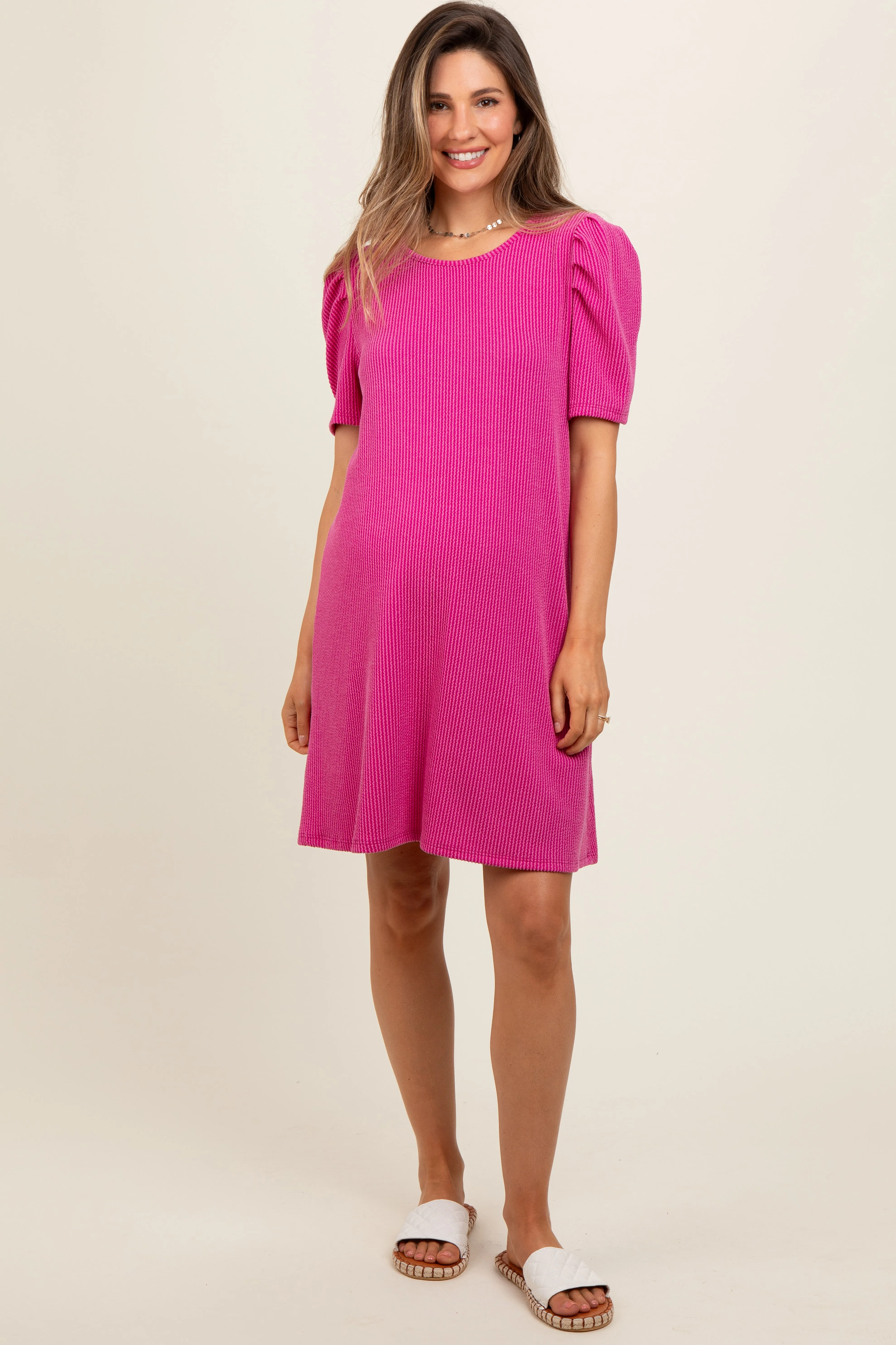 Fuchsia Washed Ribbed Puff Sleeve Maternity Dress sold by Pinkblush product image thumbnail 2
