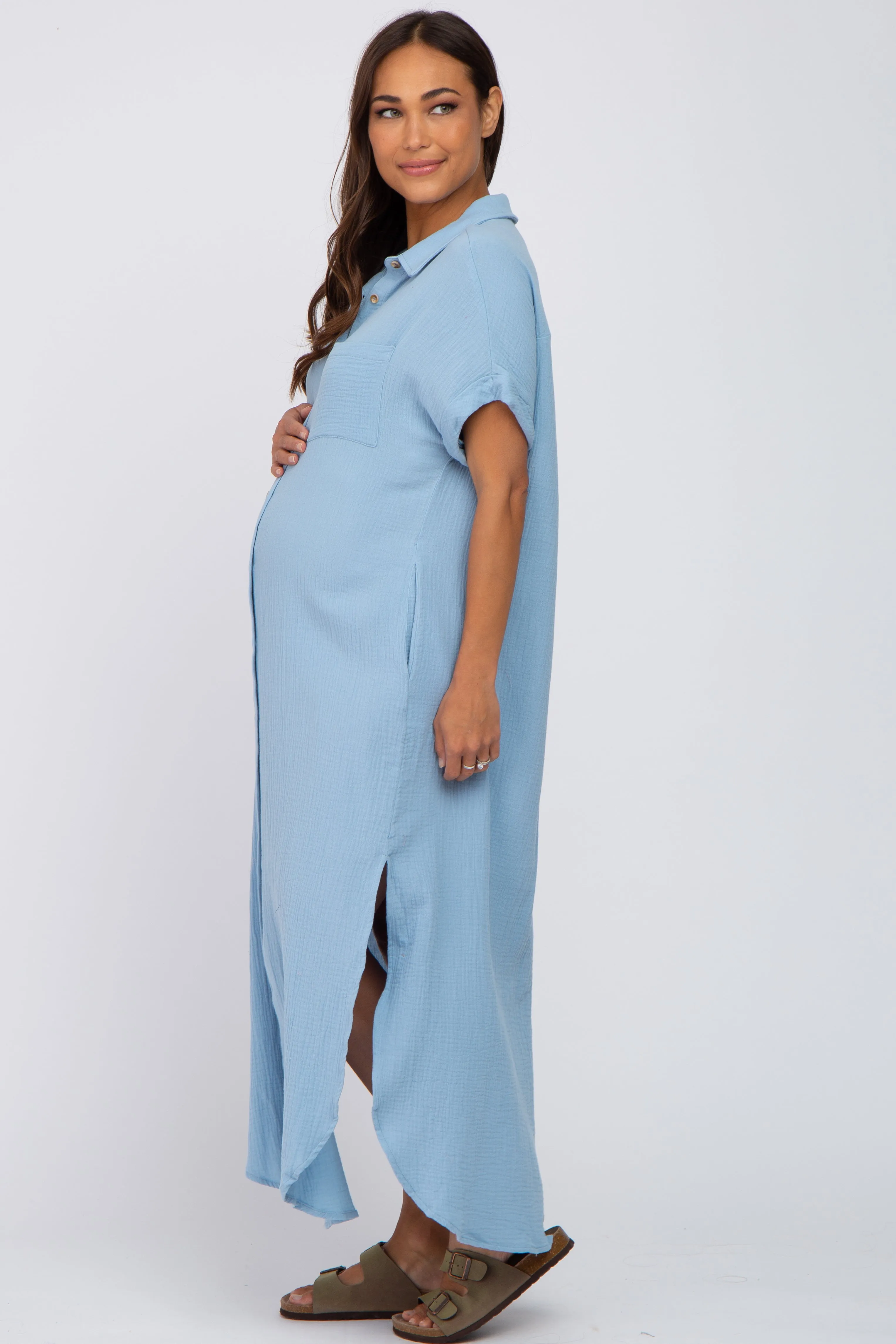 Light Blue Button Down Maternity Midi Dress sold by Pinkblush product image thumbnail 2