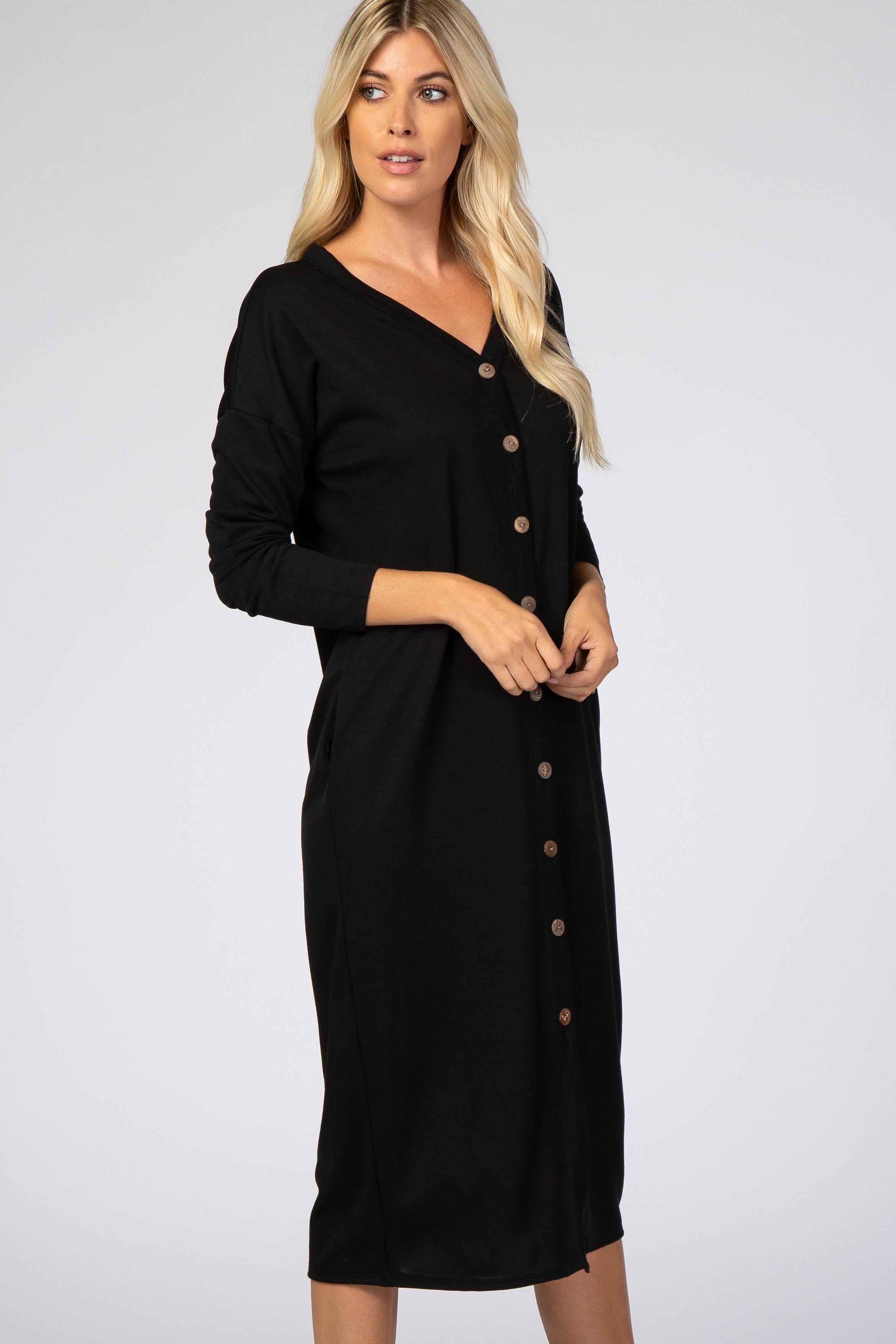 Black Button Down Long Sleeve Midi Dress sold by Pinkblush product image thumbnail 3