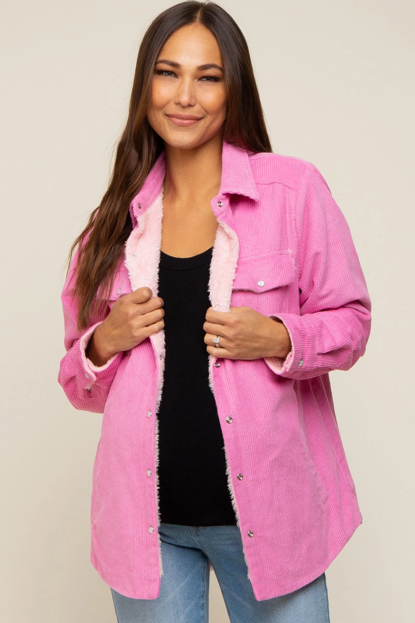 Pink Corduroy Sherpa Lined Maternity Shacket sold by Pinkblush