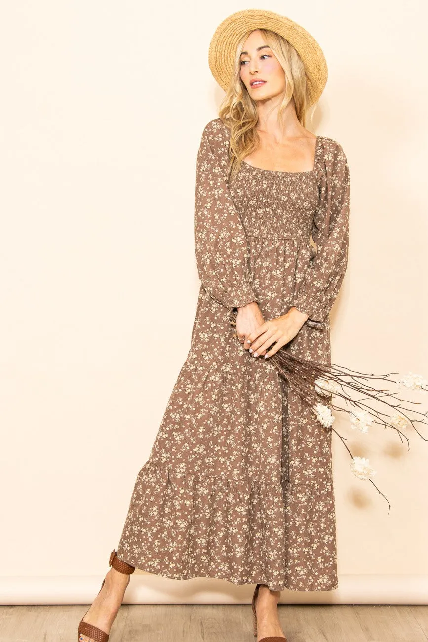 Mocha Floral Smocked Long Sleeve Maxi Dress sold by Pinkblush product image thumbnail 4