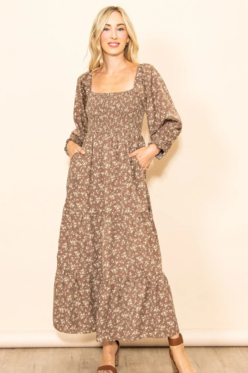 Mocha Floral Smocked Long Sleeve Maxi Dress sold by Pinkblush