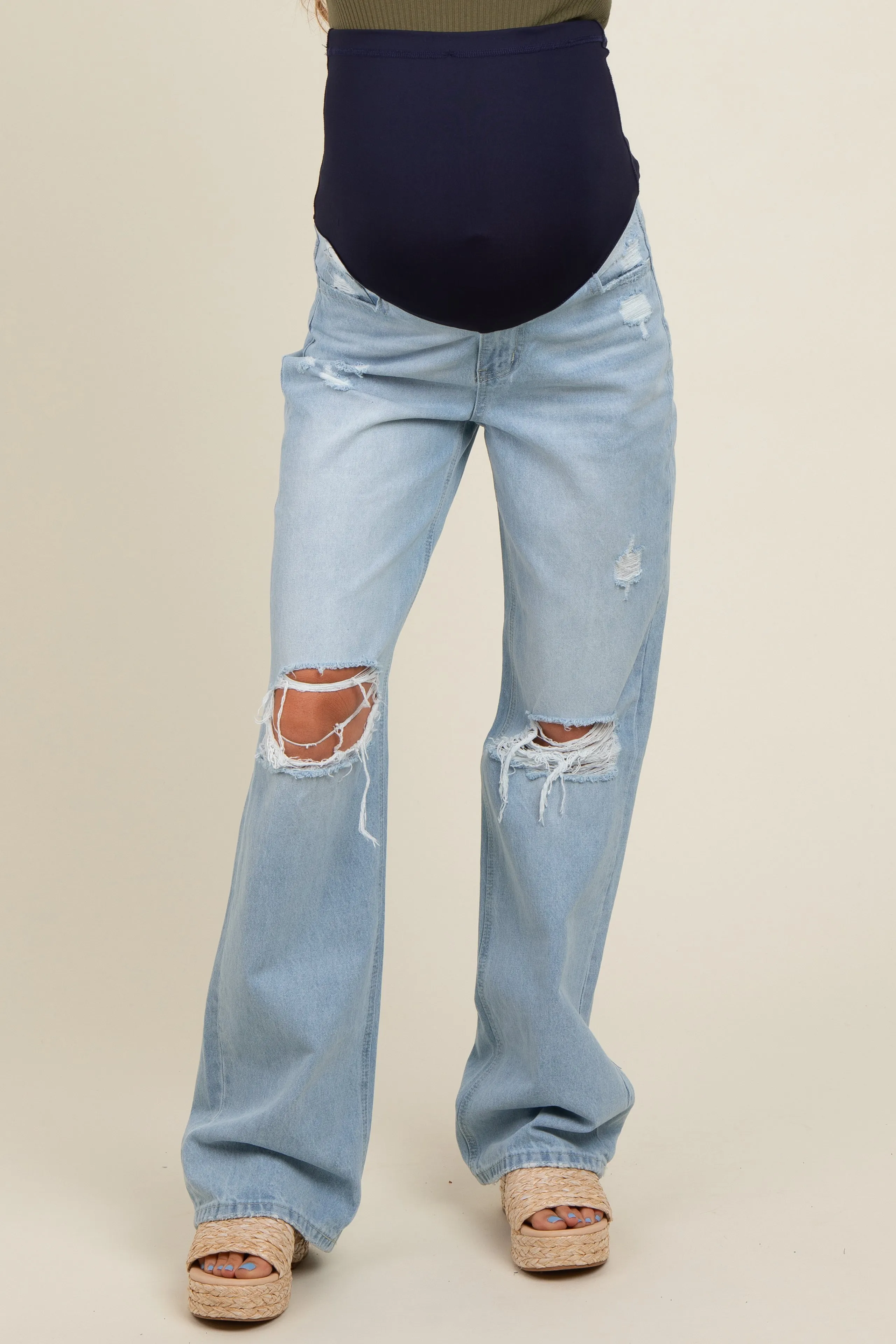 Light Blue Distressed Open Knee Flare Maternity Jeans sold by Pinkblush product image thumbnail 3