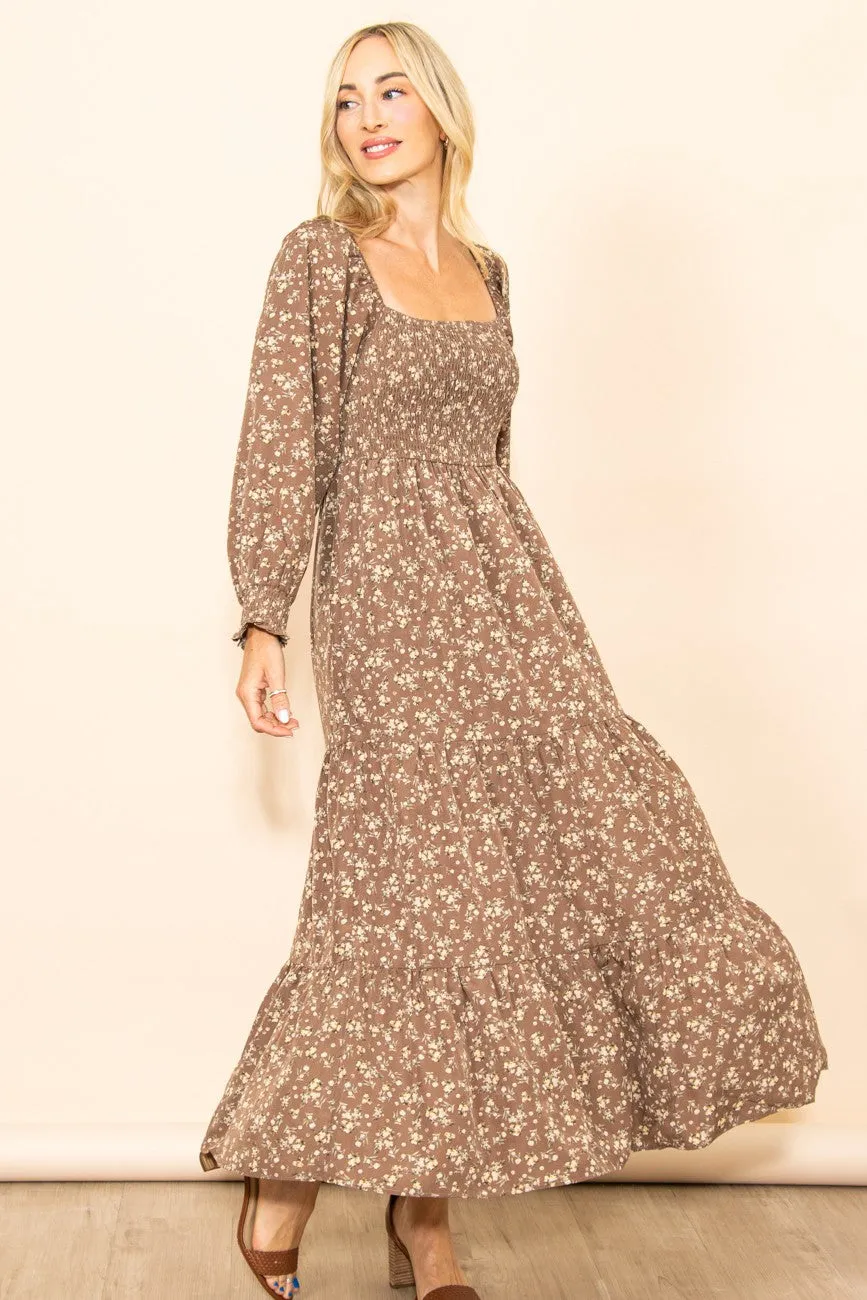 Mocha Floral Smocked Long Sleeve Maxi Dress sold by Pinkblush product image thumbnail 2