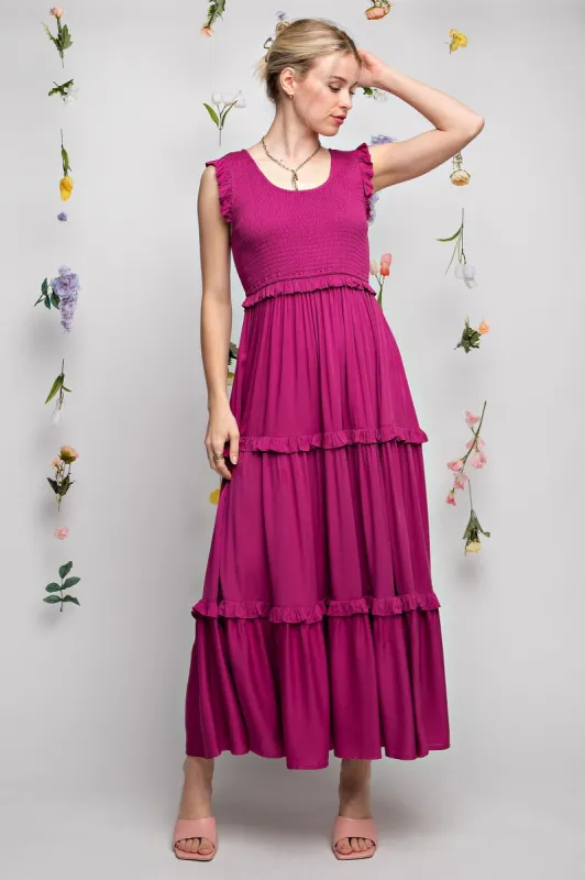 Magenta Smocked Ruffle Tier Maxi Dress sold by Pinkblush