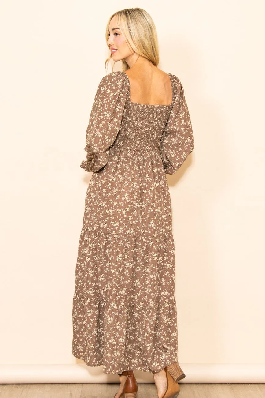 Mocha Floral Smocked Long Sleeve Maxi Dress sold by Pinkblush product image thumbnail 3