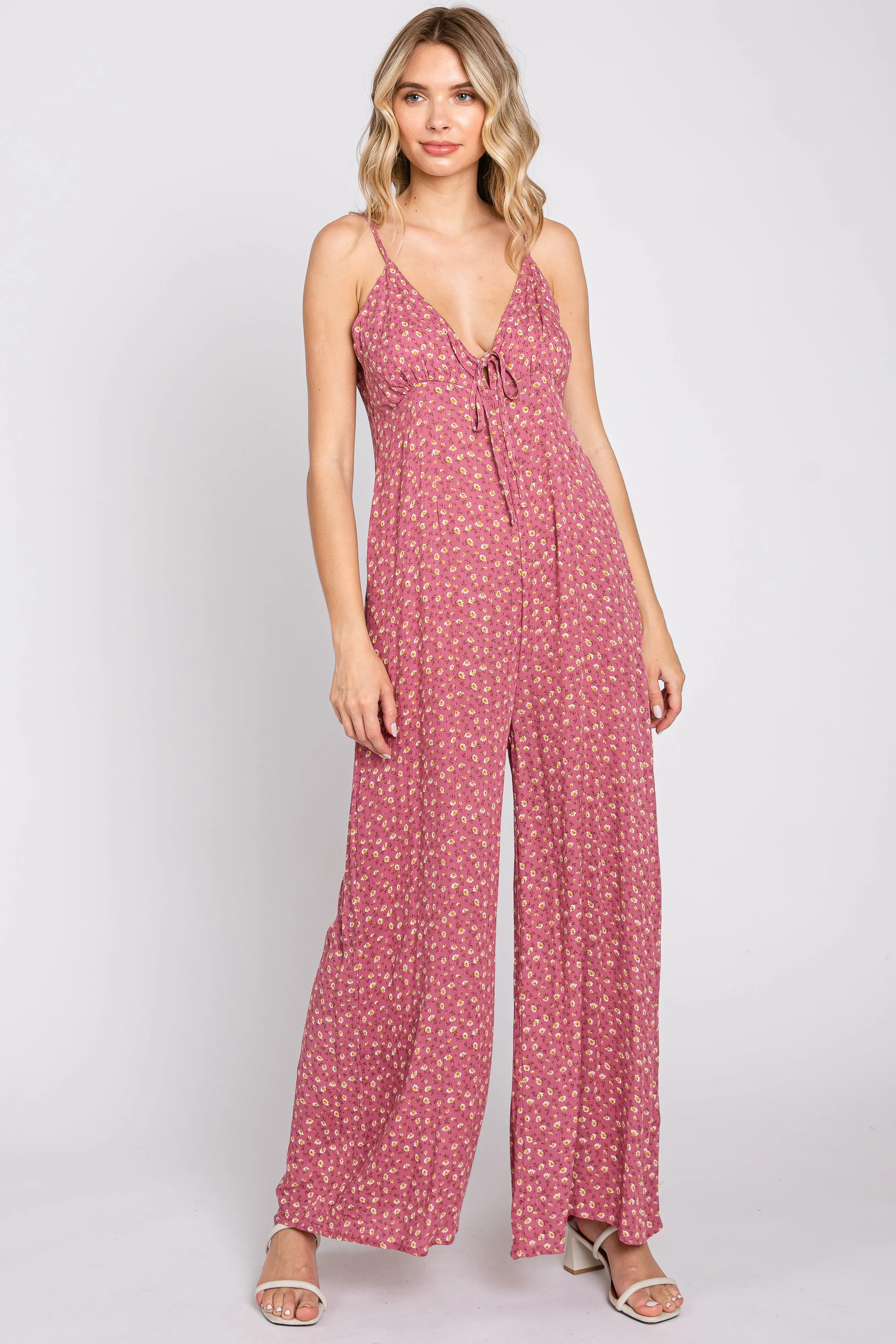 Mauve Floral V-Neck Front Tie Sleeveless Jumpsuit sold by Pinkblush