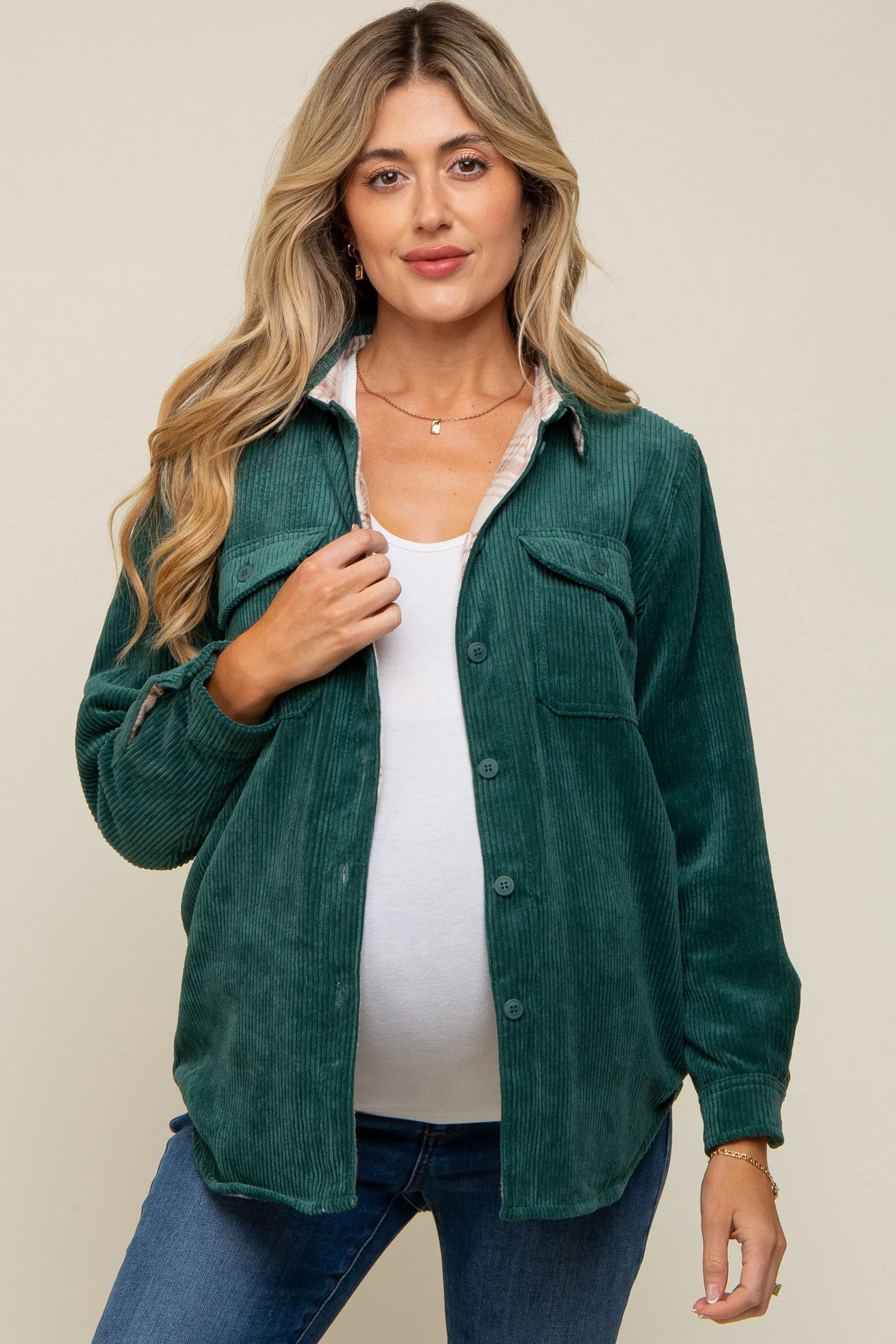 Forest Green Reversible Maternity Shirt Jacket sold by Pinkblush