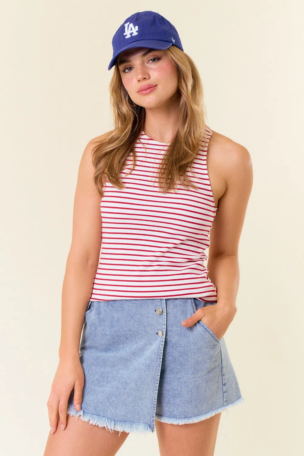 Red Striped High Neckline Tank sold by Pinkblush