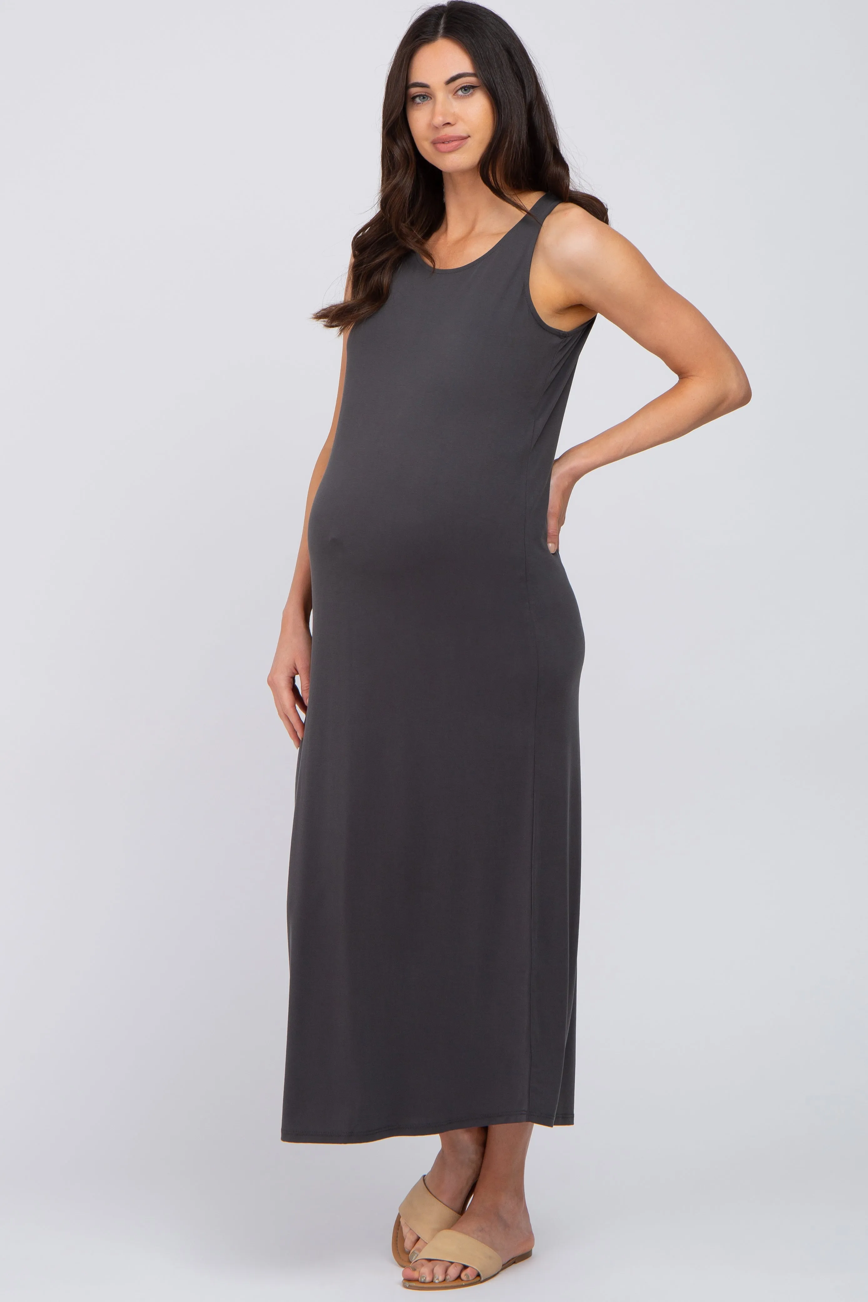 Charcoal Solid Sleeveless Maternity Midi Dress sold by Pinkblush product image thumbnail 2