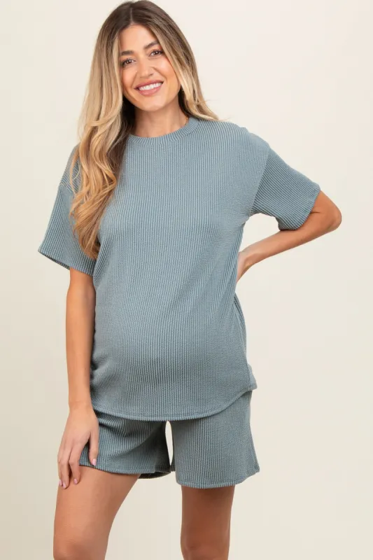 Teal Ribbed Short Sleeve Maternity Pajama Set sold by Pinkblush