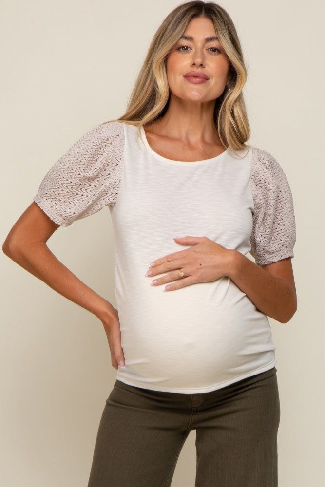 Beige Crochet Short Sleeve Maternity Top sold by Pinkblush