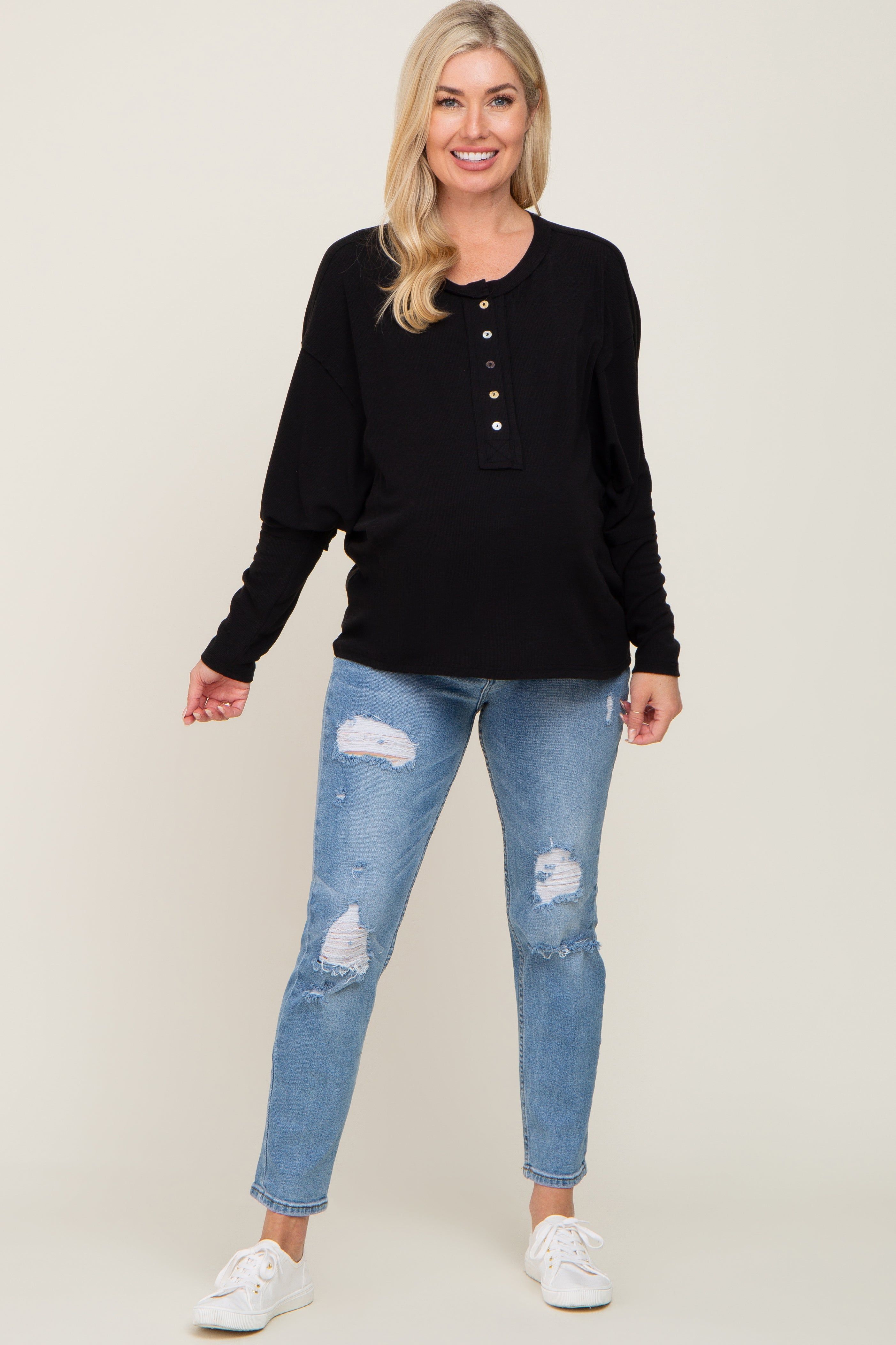 Black Ribbed Dolman Sleeve Maternity Henley Top sold by Pinkblush product image thumbnail 4
