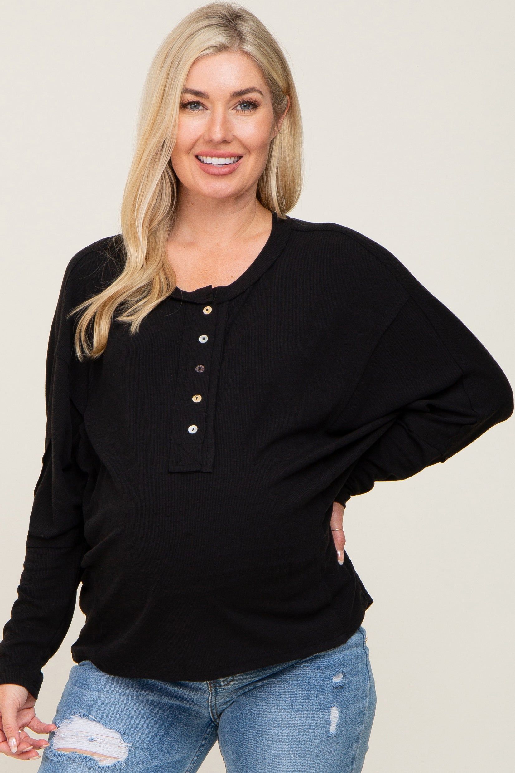 Black Ribbed Dolman Sleeve Maternity Henley Top sold by Pinkblush
