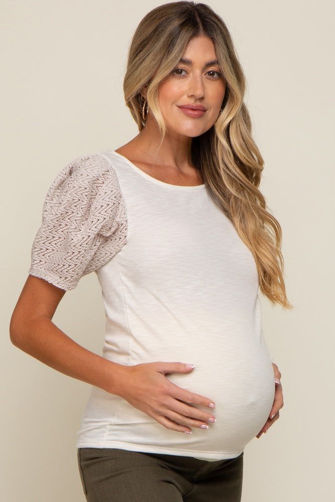 Beige Crochet Short Sleeve Maternity Top sold by Pinkblush product image thumbnail 2