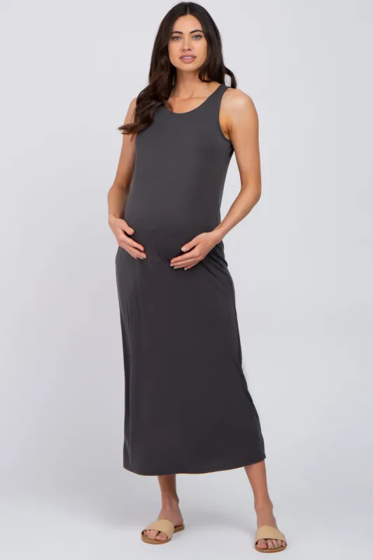 Charcoal Solid Sleeveless Maternity Midi Dress sold by Pinkblush