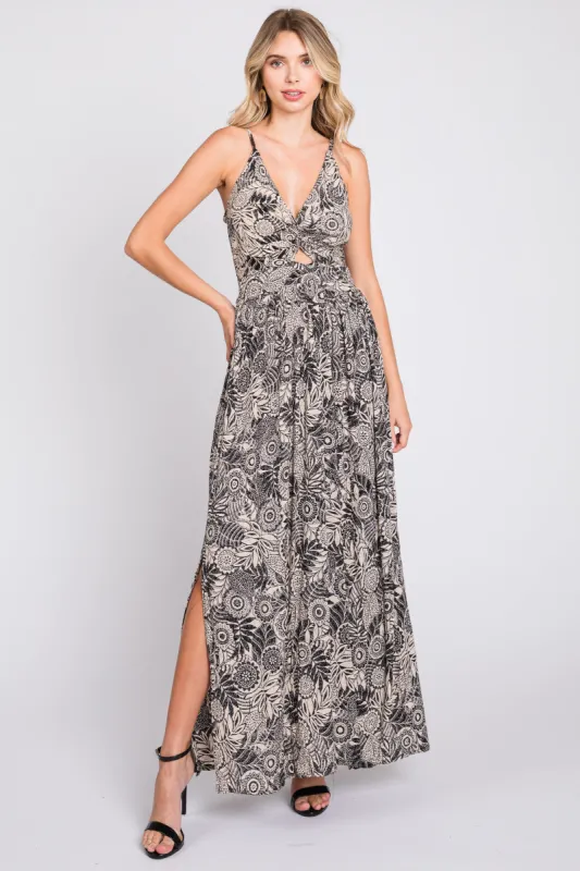 Black Floral Front Cutout Side Slit Maxi Dress sold by Pinkblush
