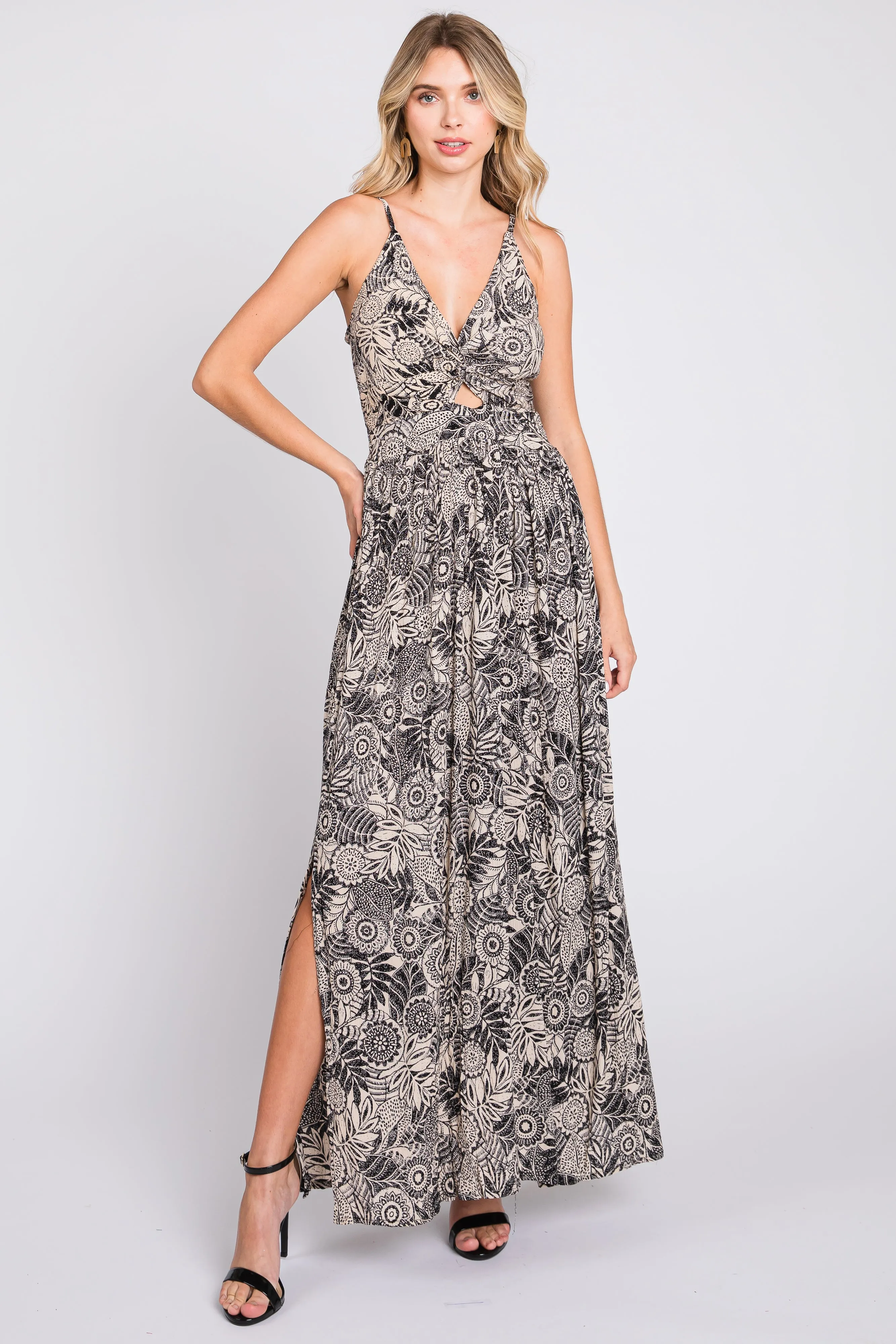Black Floral Front Cutout Side Slit Maxi Dress sold by Pinkblush