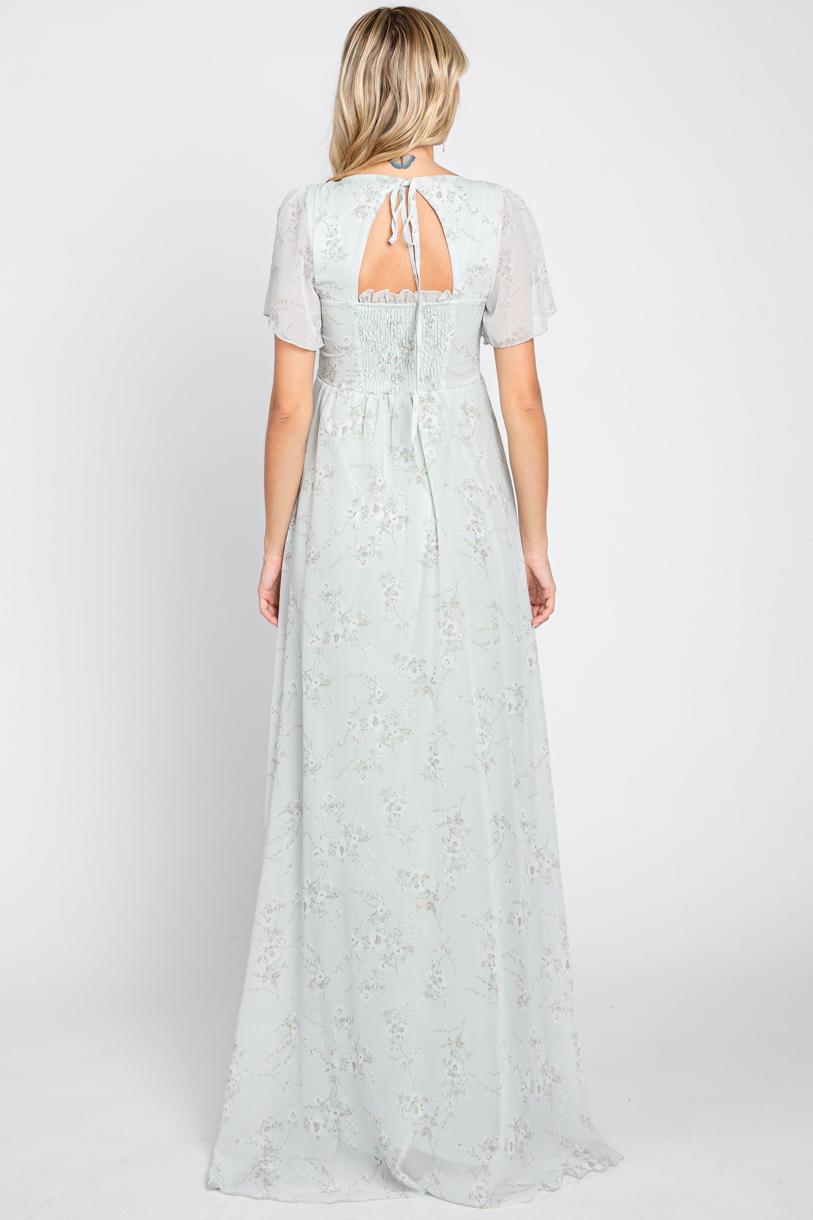 Mint Green Floral Smocked Chiffon Maxi Dress sold by Pinkblush product image thumbnail 3