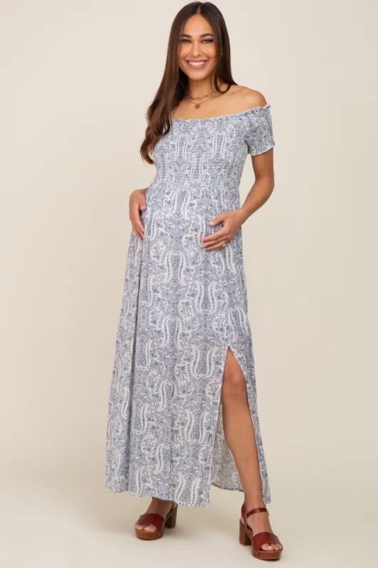 Light Blue Floral Off Shoulder Smocked Maternity Maxi Dress sold by Pinkblush