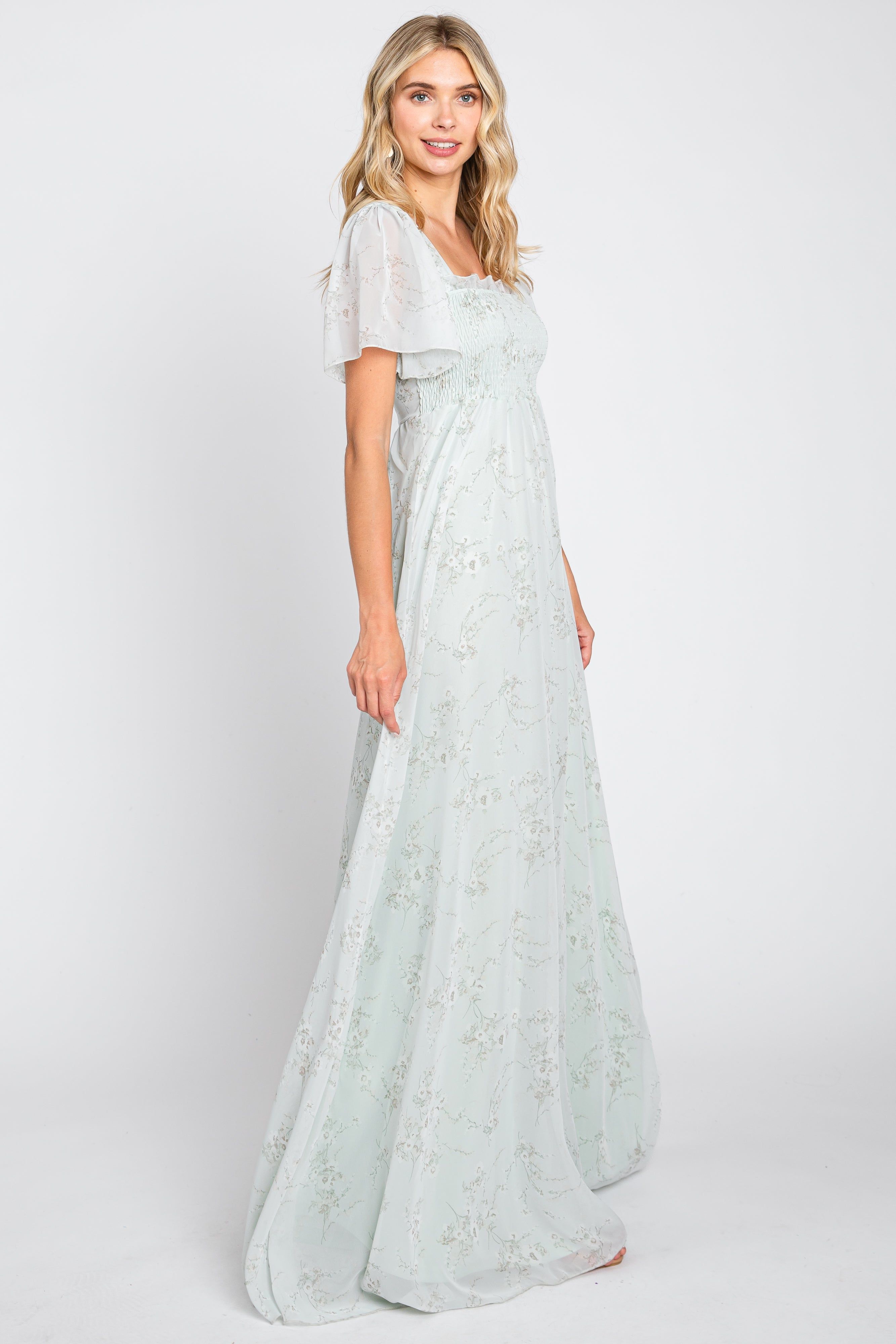 Mint Green Floral Smocked Chiffon Maxi Dress sold by Pinkblush product image thumbnail 2