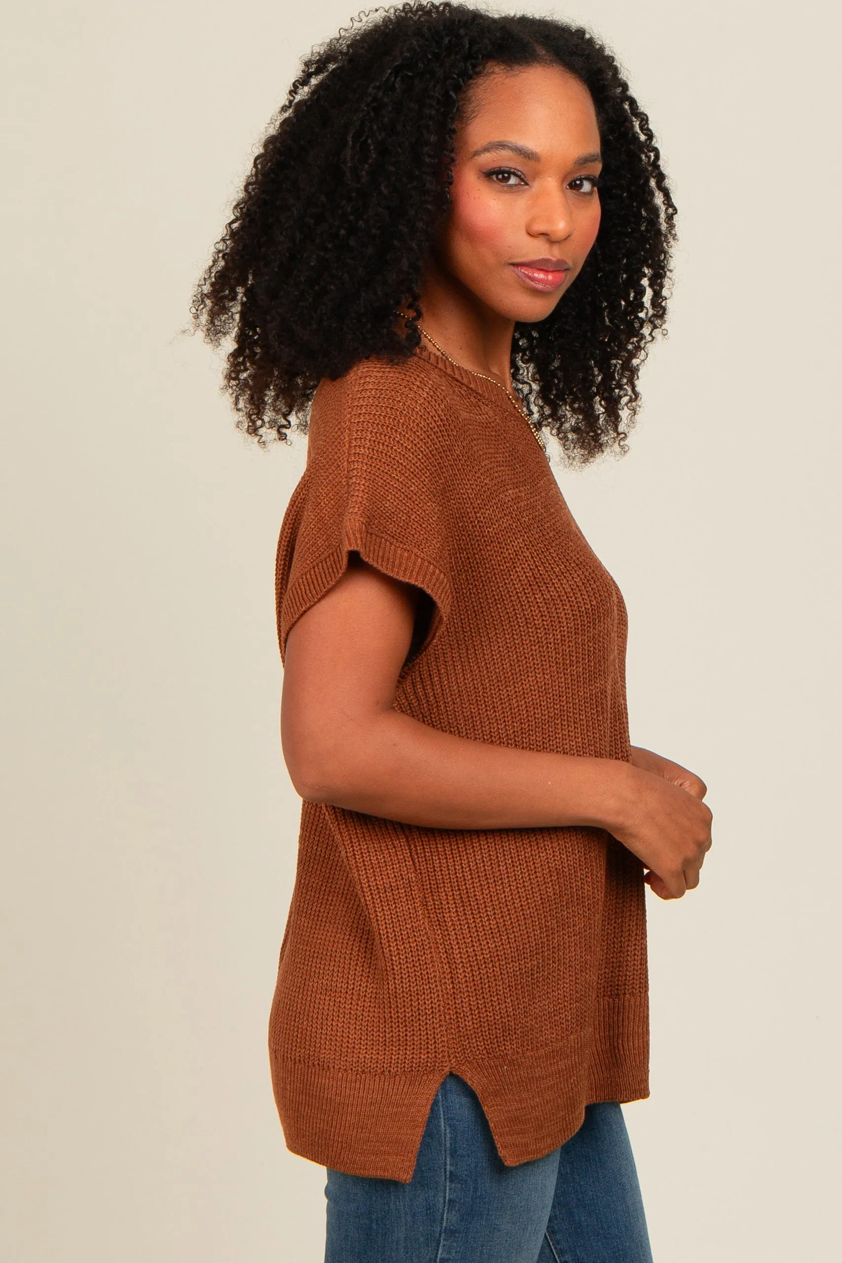 Brown Dolman Short Sleeve Side Slit Sweater Top sold by Pinkblush product image thumbnail 3