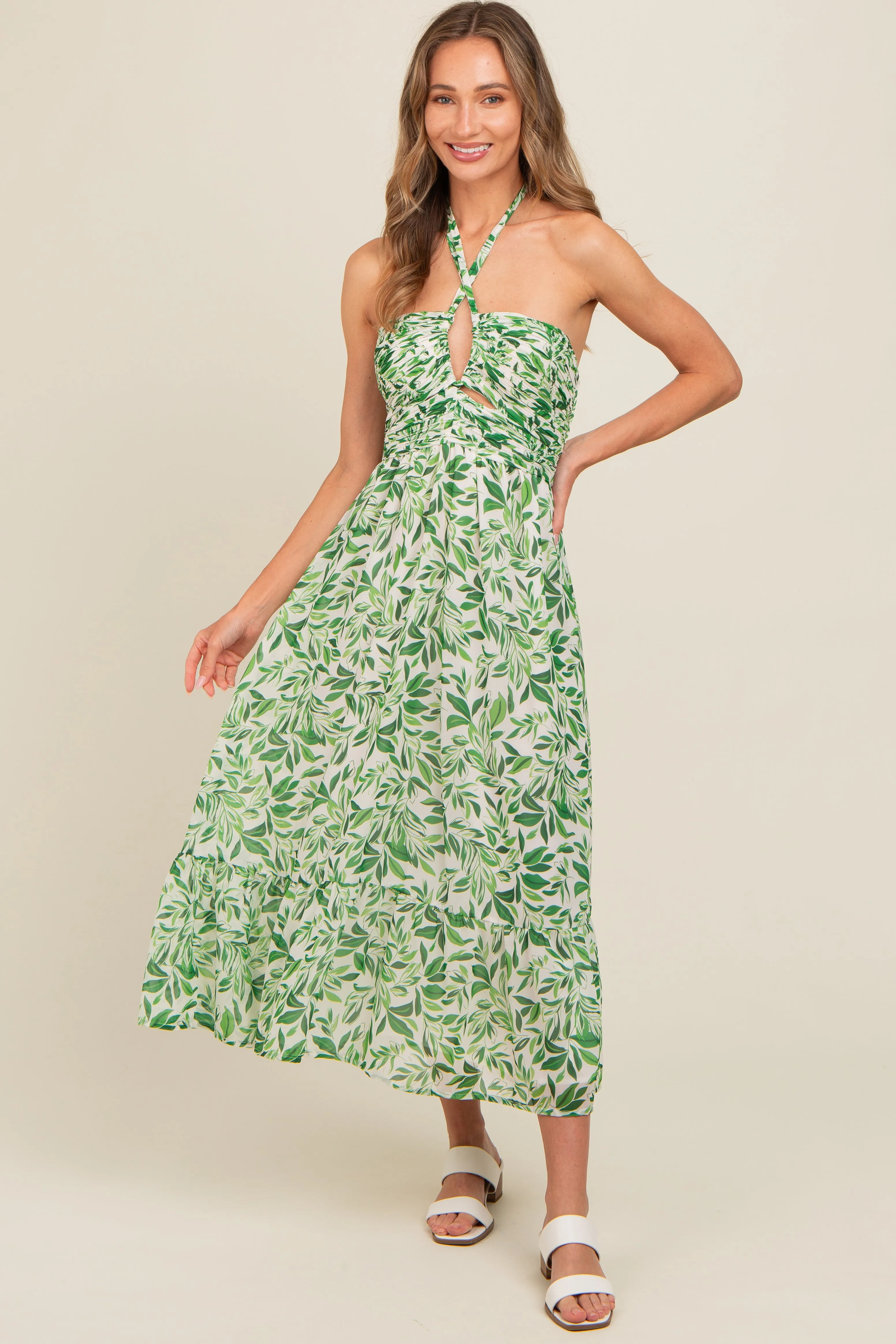 Green Leaf Print Halter Keyhole Midi Dress sold by Pinkblush product image thumbnail 2