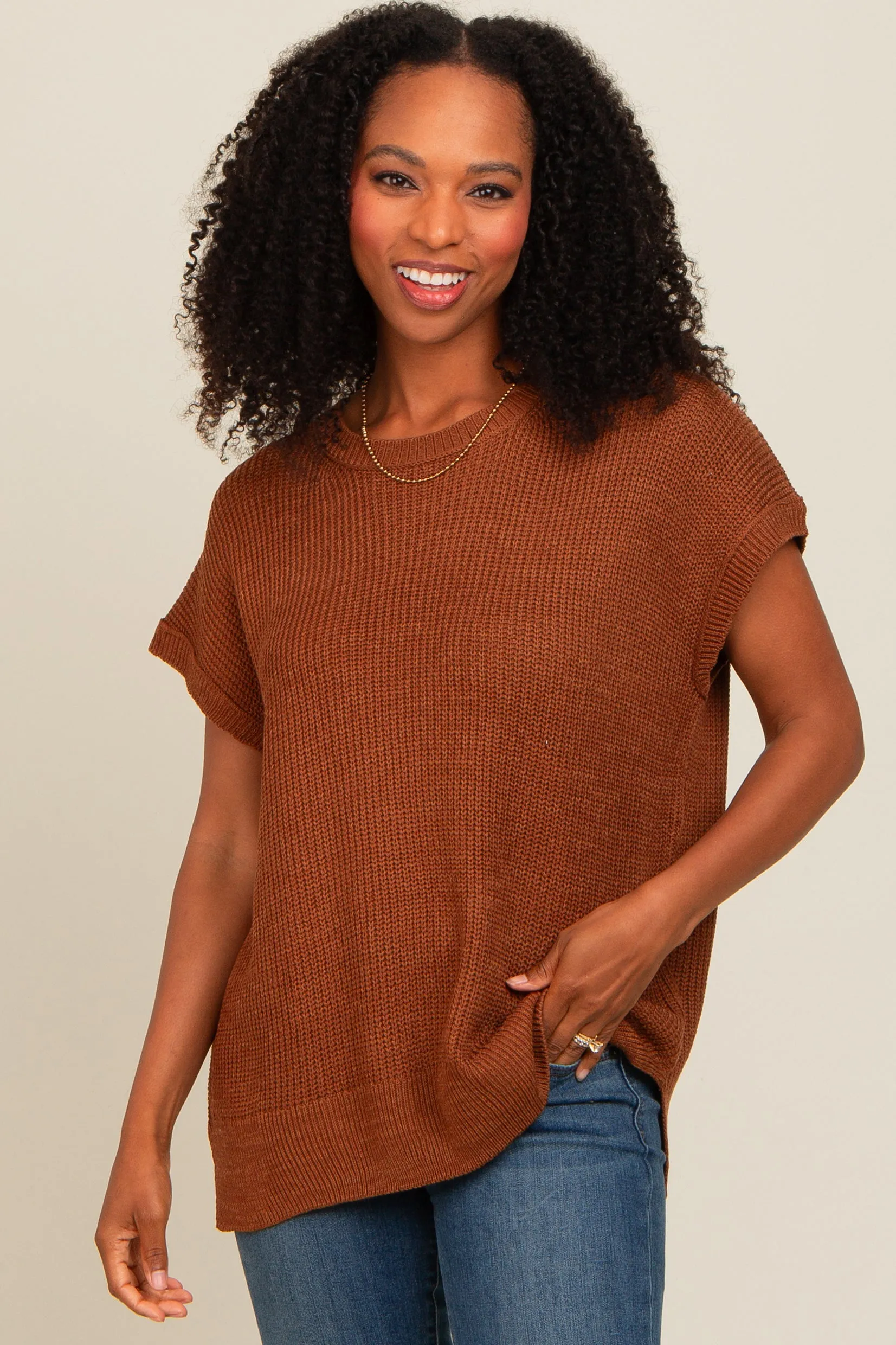 Brown Dolman Short Sleeve Side Slit Sweater Top sold by Pinkblush