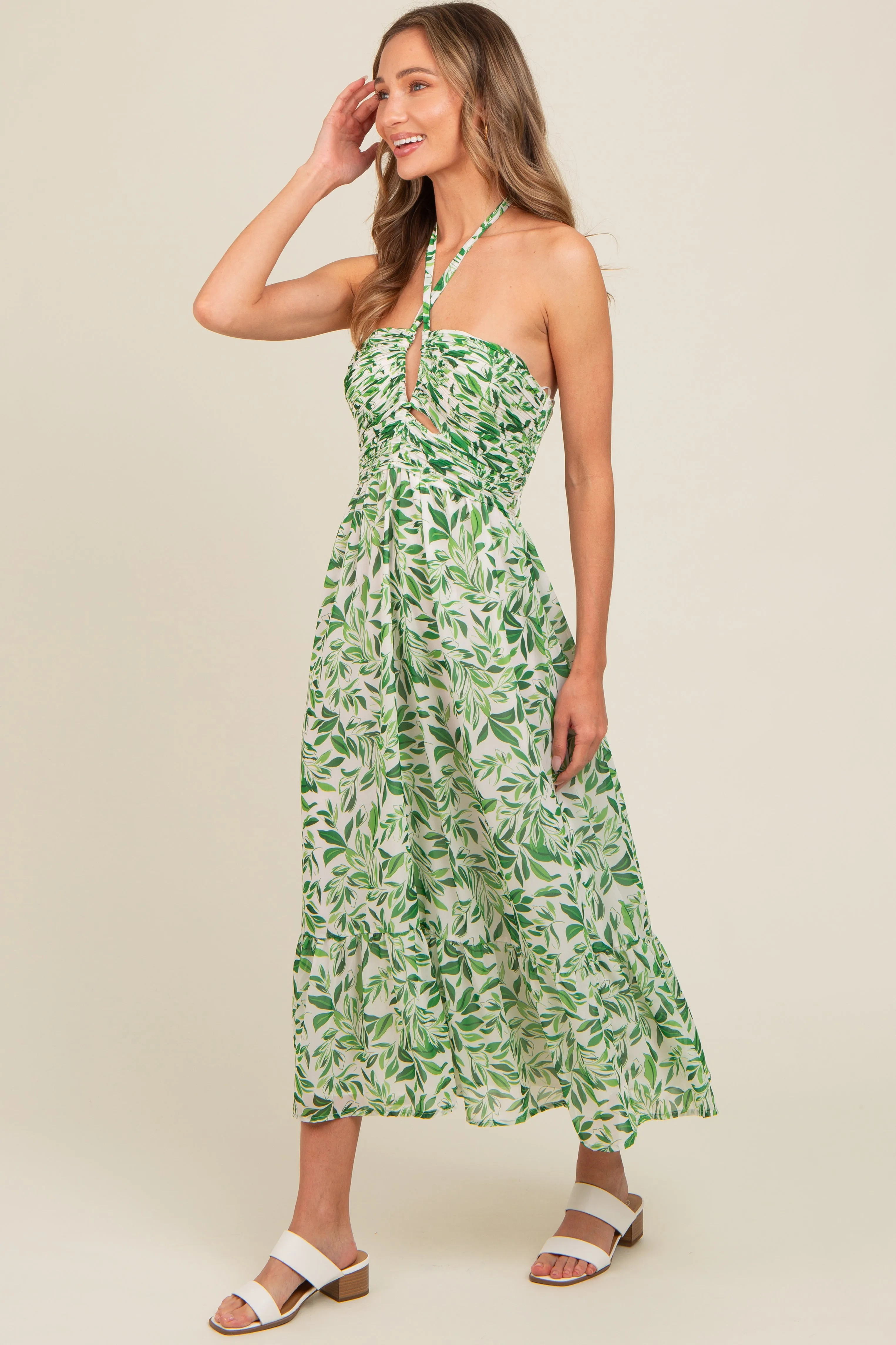 Green Leaf Print Halter Keyhole Midi Dress sold by Pinkblush product image thumbnail 3
