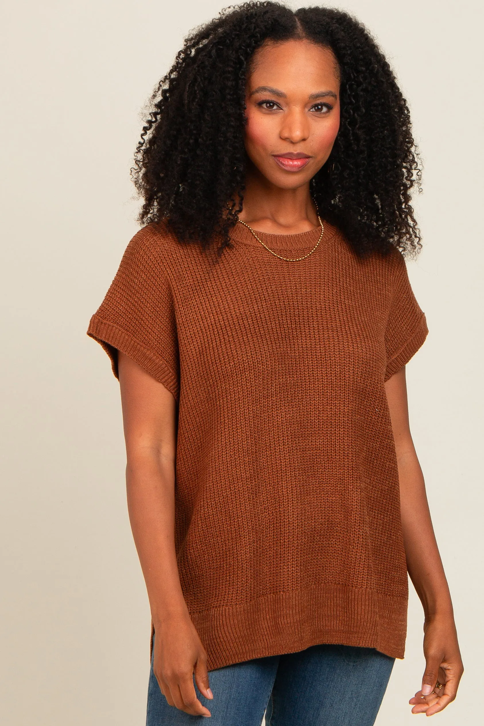 Brown Dolman Short Sleeve Side Slit Sweater Top sold by Pinkblush product image thumbnail 2