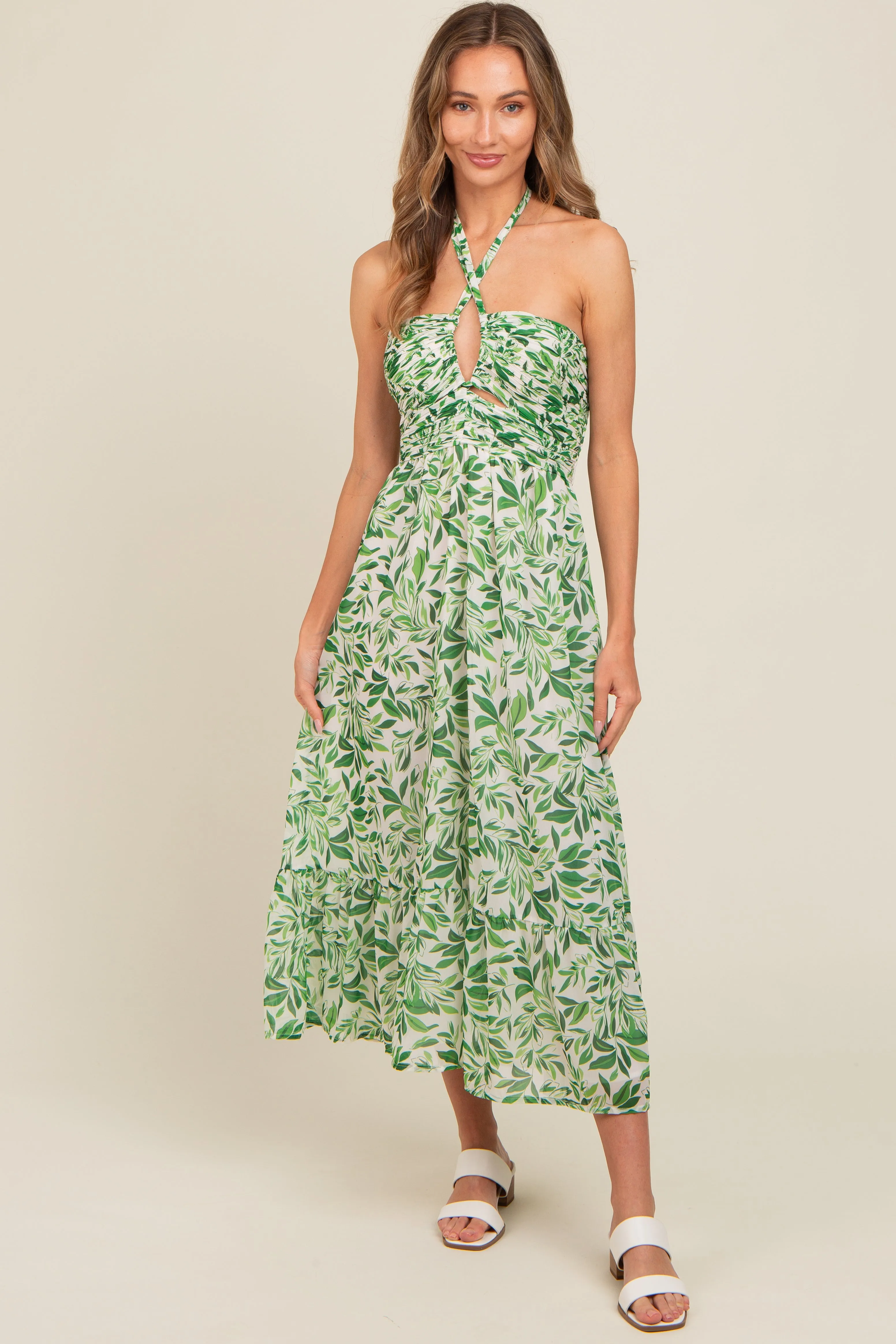 Green Leaf Print Halter Keyhole Midi Dress sold by Pinkblush