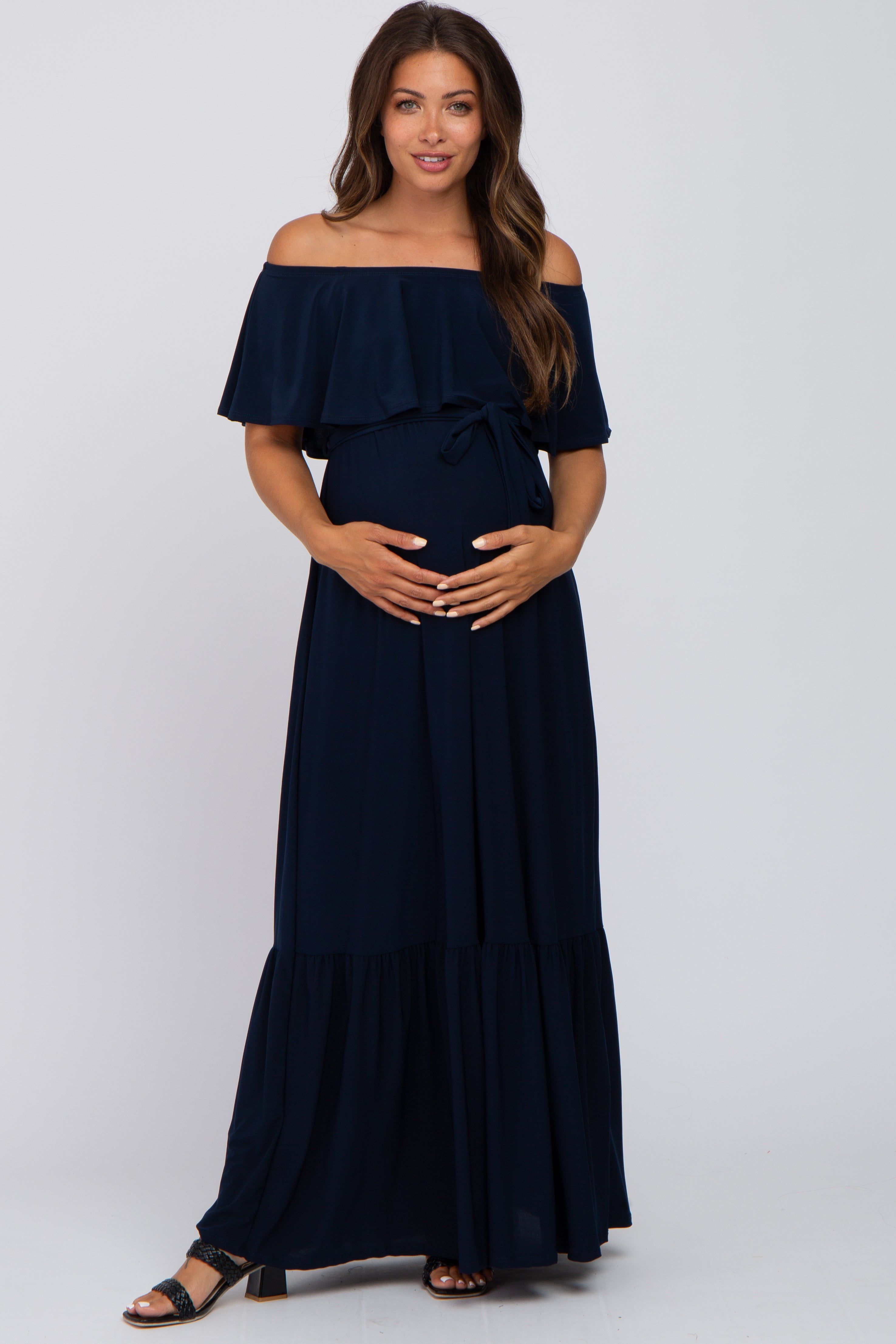 Navy Blue Off Shoulder Maternity Maxi Dress sold by Pinkblush