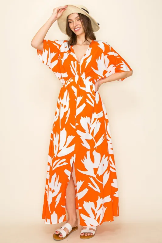 Orange Floral Double V-Neck Front Slit Maxi Dress sold by Pinkblush