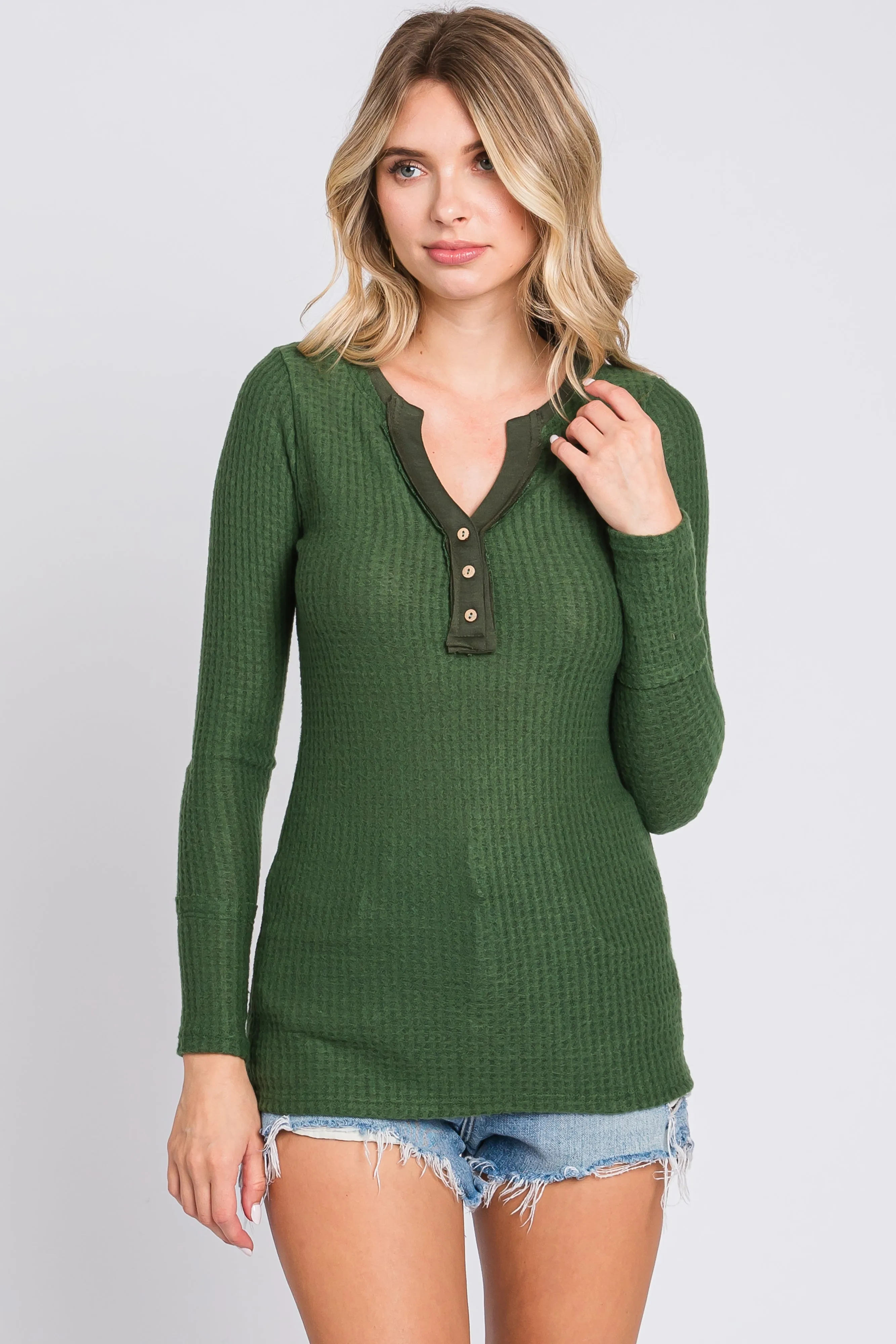 Olive Soft Waffle Knit Button Accent Long Sleeve Top sold by Pinkblush product image thumbnail 2