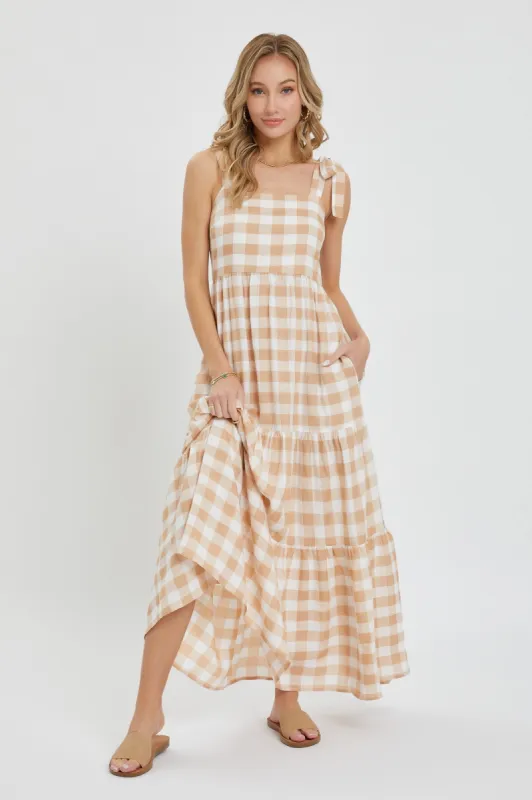 Taupe Gingham Maxi Dress sold by Pinkblush