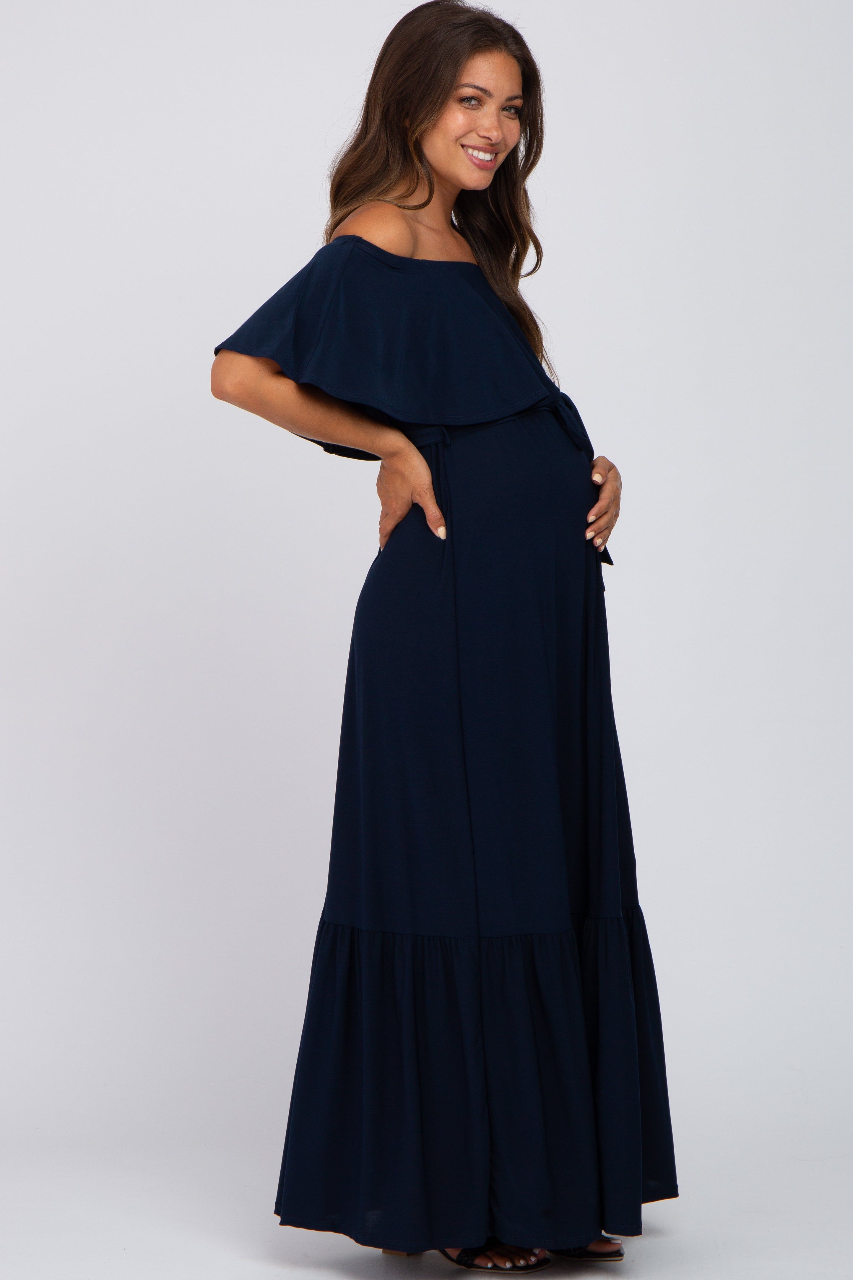 Navy Blue Off Shoulder Maternity Maxi Dress sold by Pinkblush product image thumbnail 2