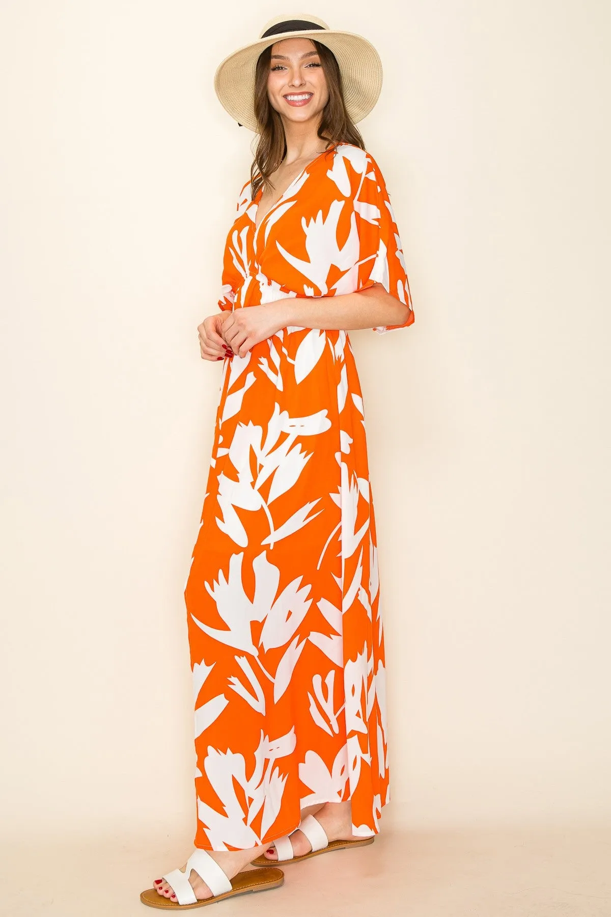 Orange Floral Double V-Neck Front Slit Maxi Dress sold by Pinkblush product image thumbnail 2