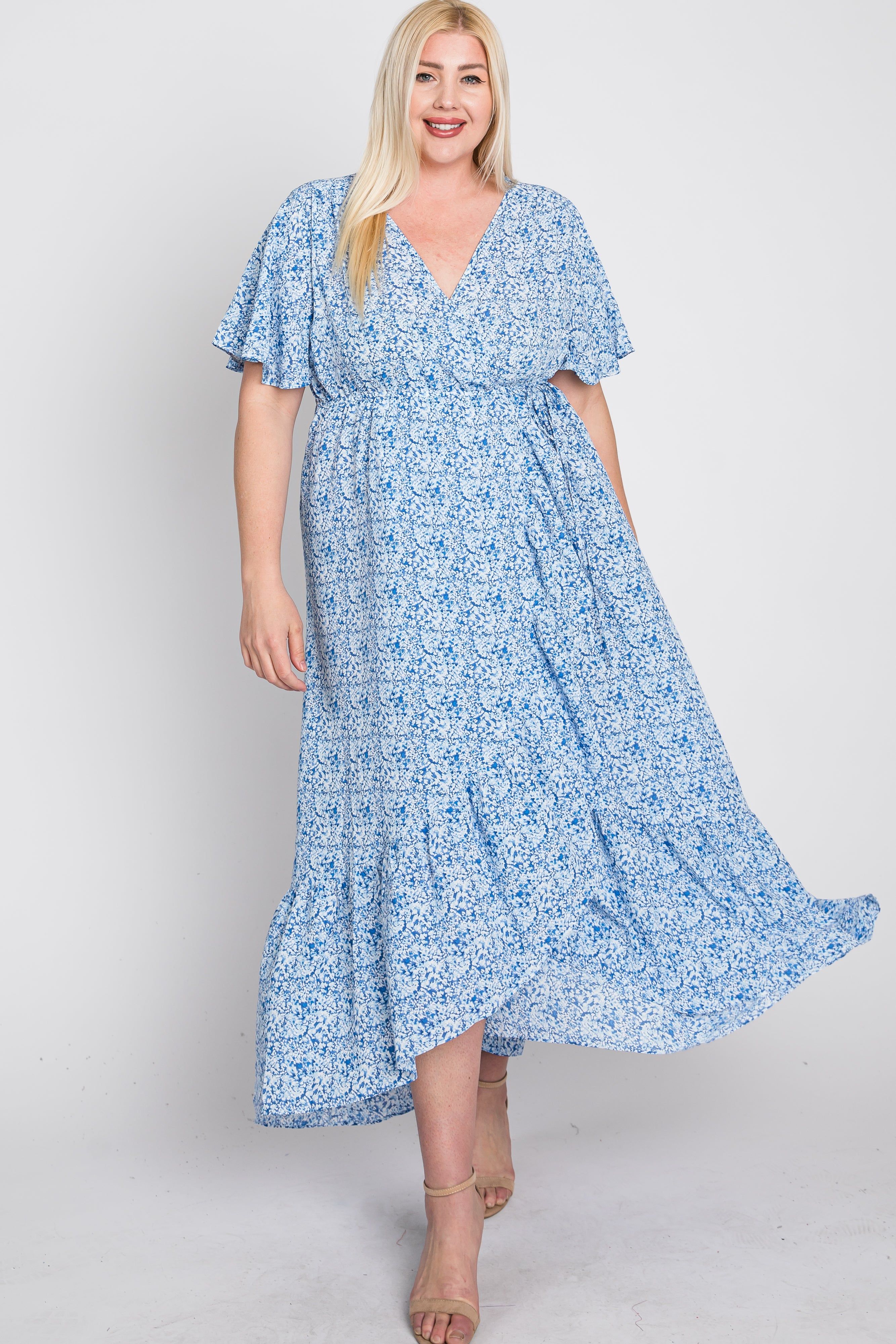 Light Blue Floral Wrap Plus Midi Dress sold by Pinkblush product image thumbnail 3