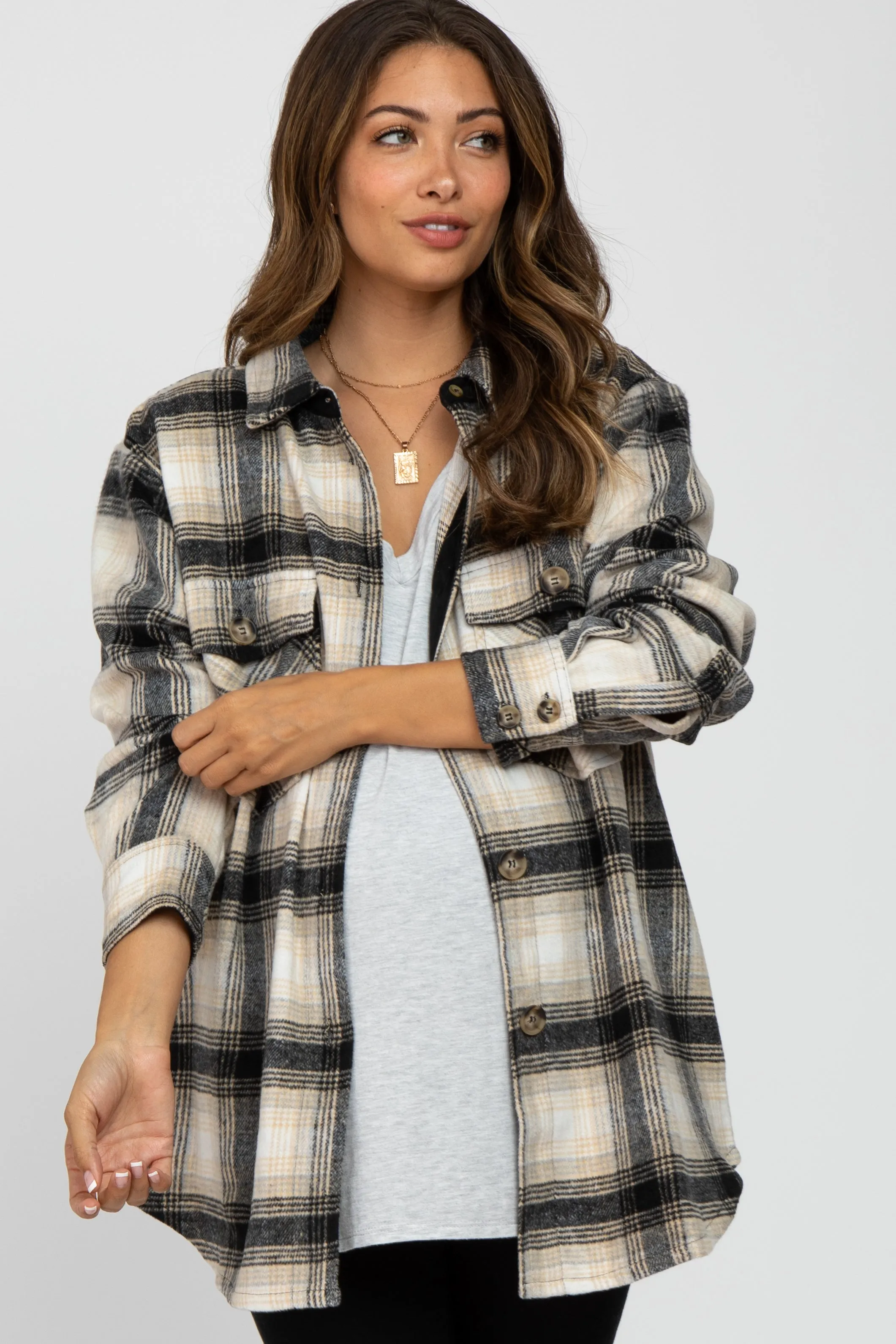 Black Soft Plaid Flannel Maternity Shacket sold by Pinkblush