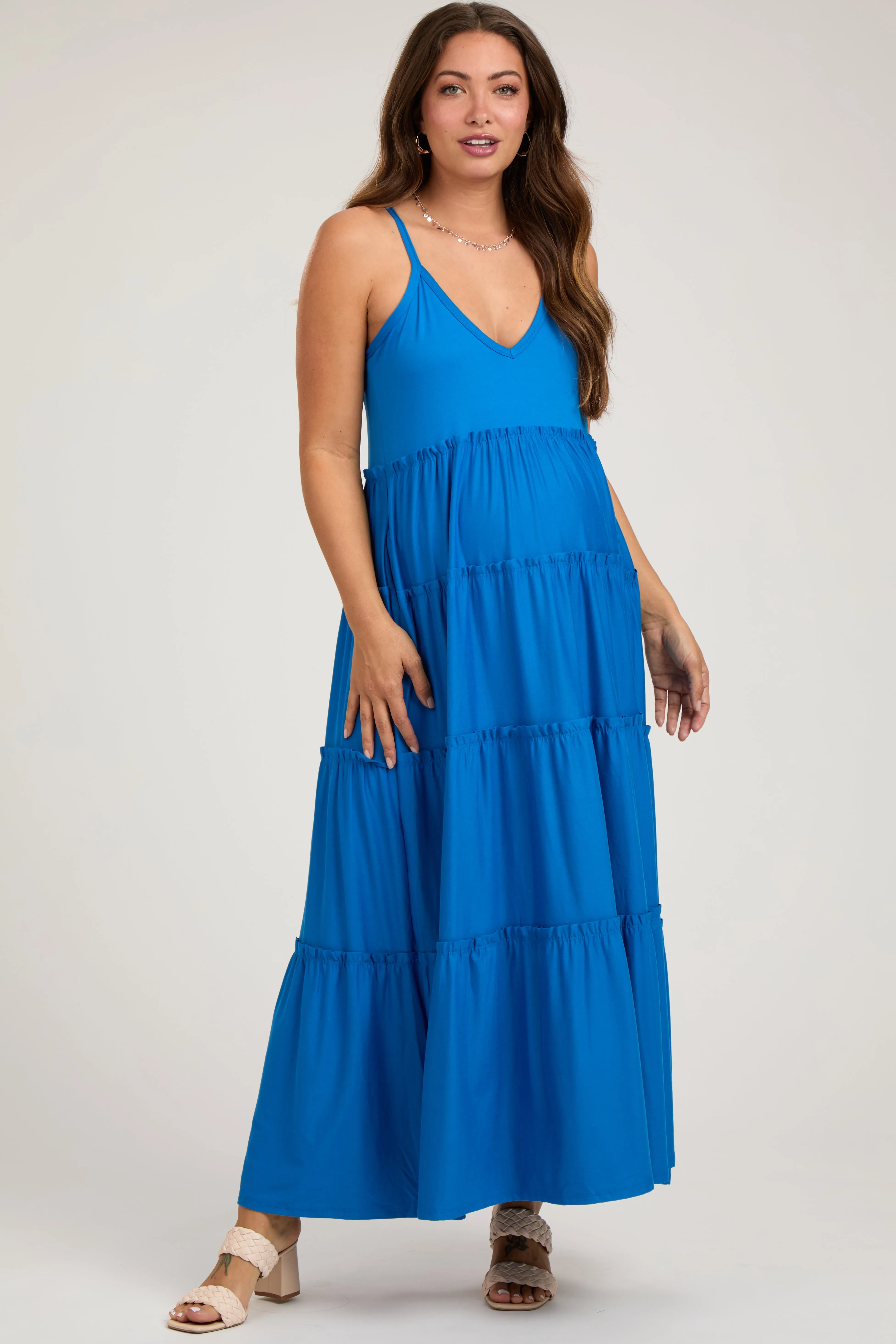 Aqua Tiered Sleeveless Maternity Maxi Dress sold by Pinkblush