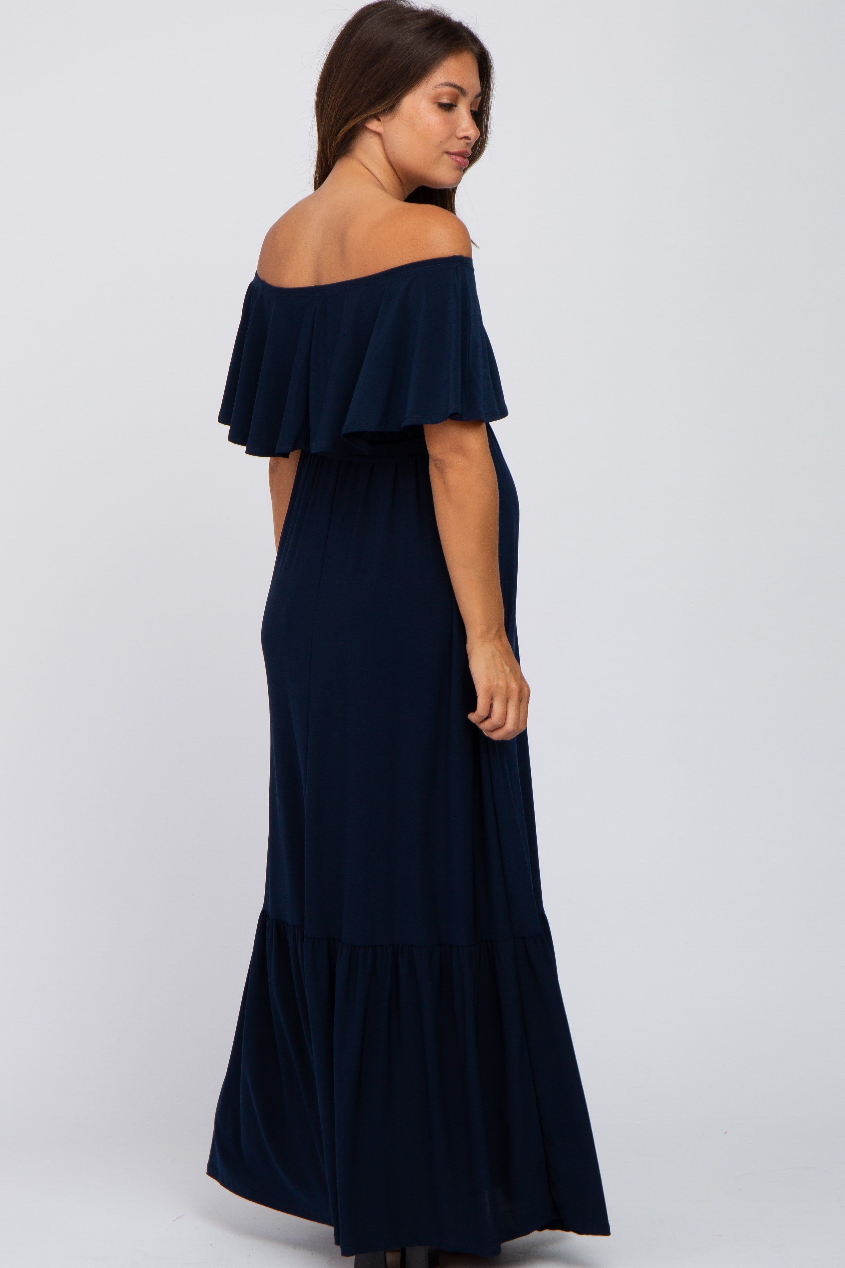 Navy Blue Off Shoulder Maternity Maxi Dress sold by Pinkblush product image thumbnail 3
