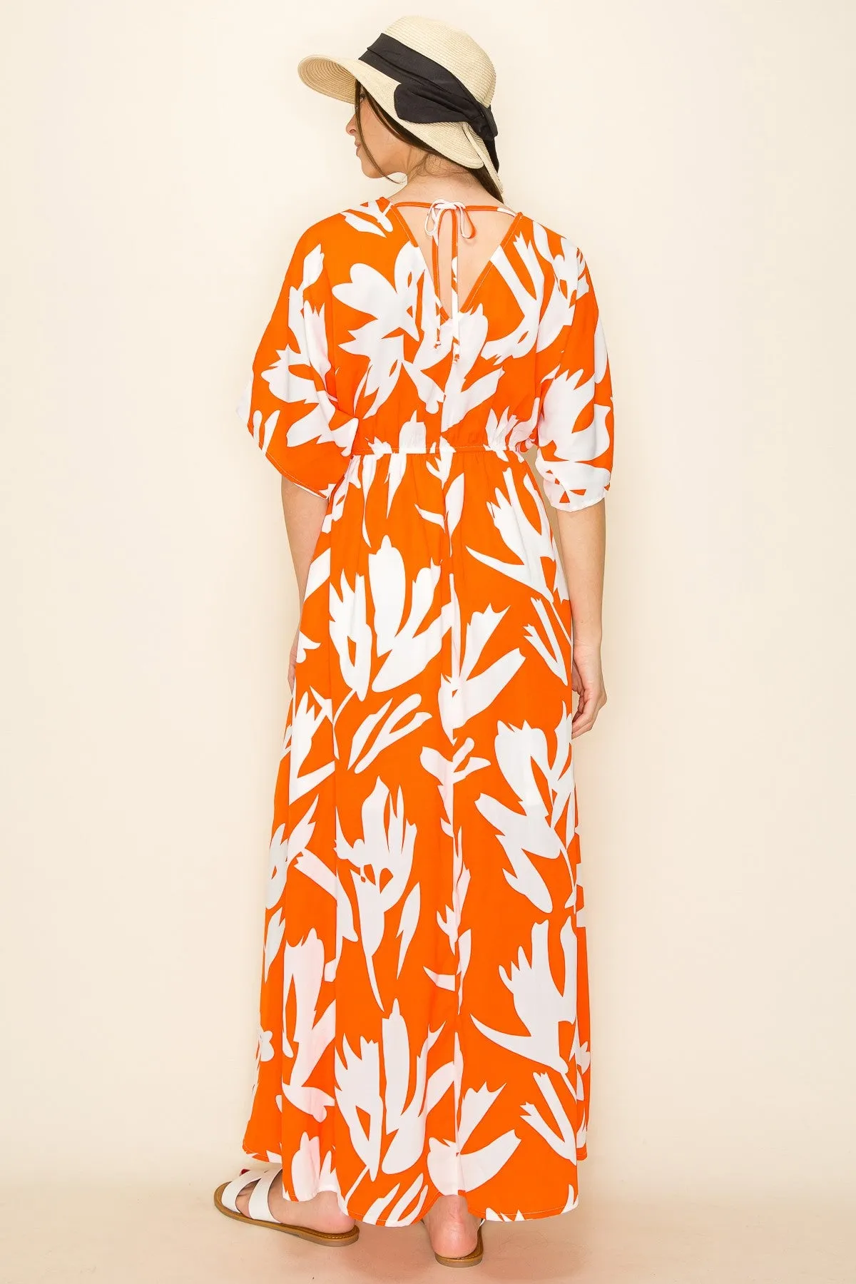 Orange Floral Double V-Neck Front Slit Maxi Dress sold by Pinkblush product image thumbnail 3