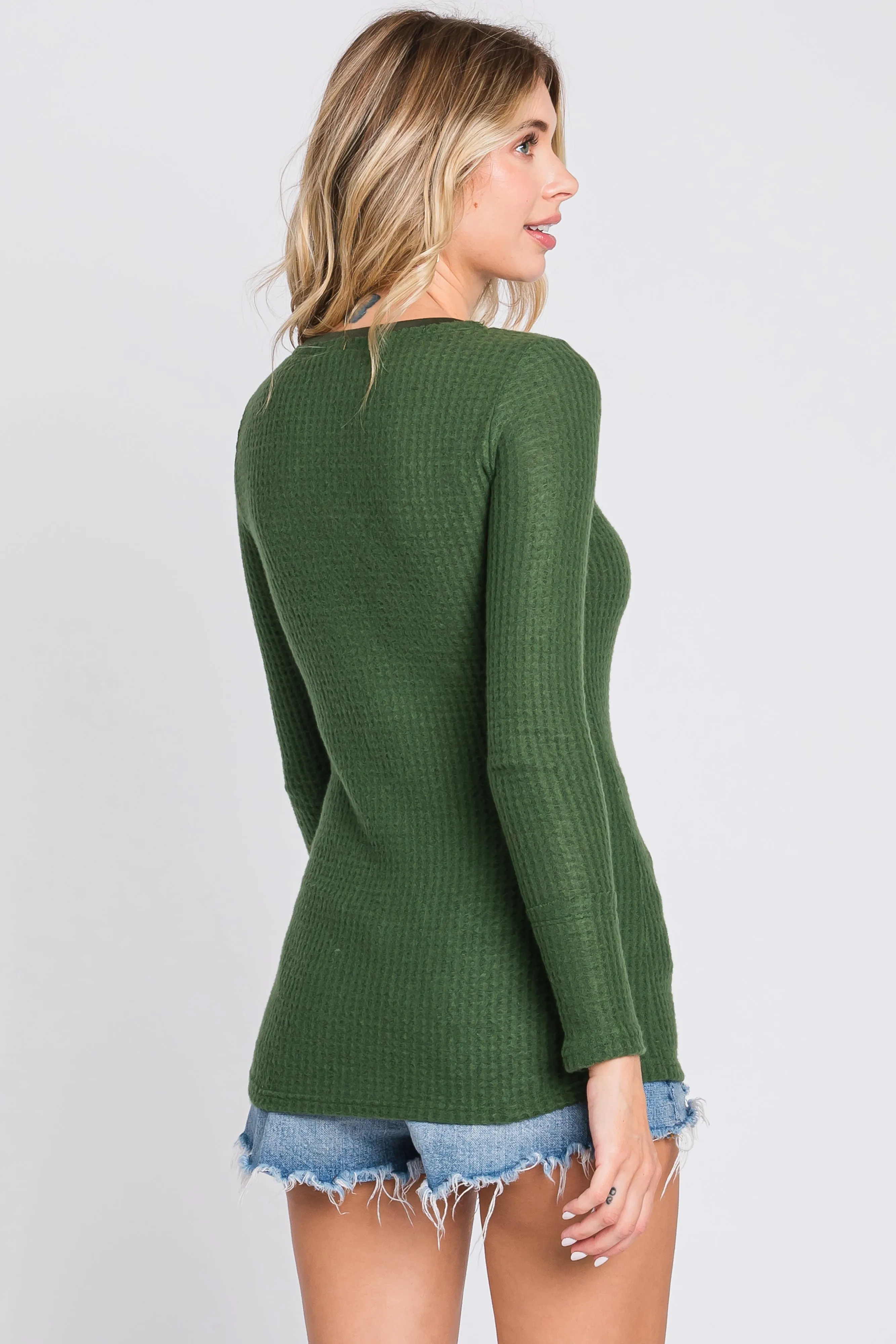 Olive Soft Waffle Knit Button Accent Long Sleeve Top sold by Pinkblush product image thumbnail 4
