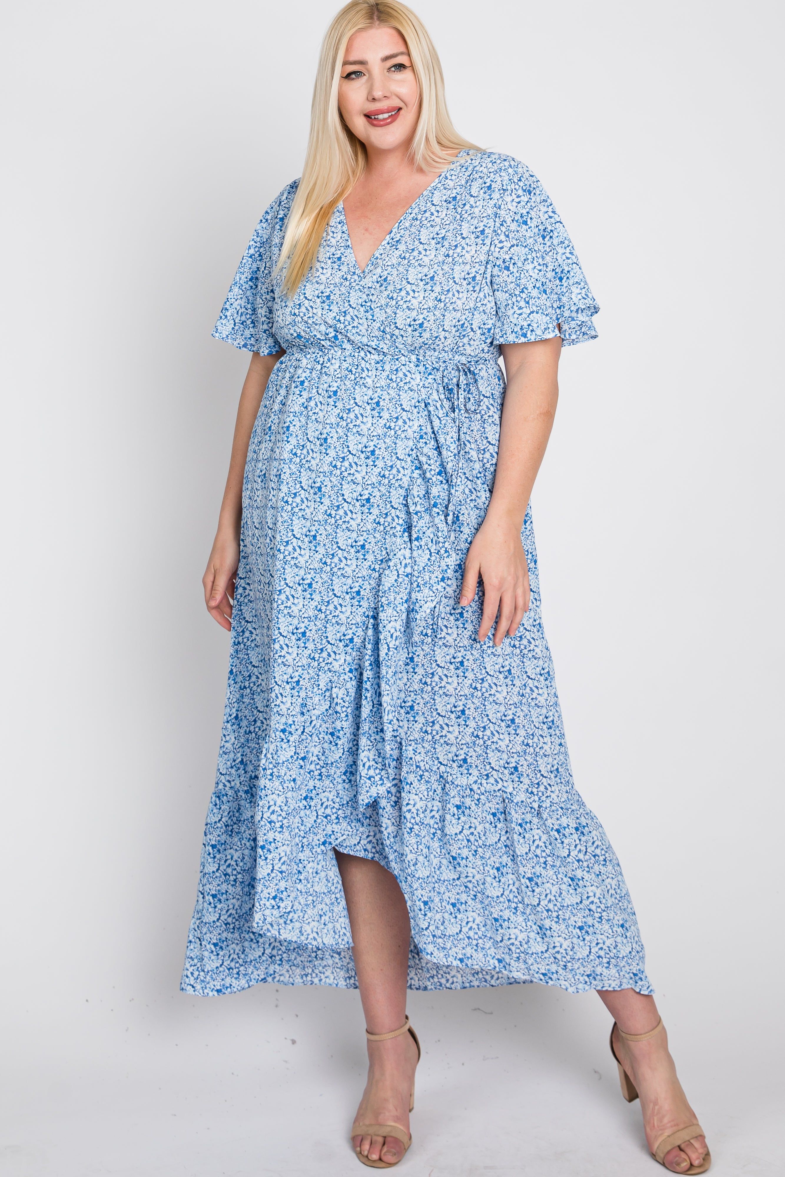 Light Blue Floral Wrap Plus Midi Dress sold by Pinkblush product image thumbnail 4