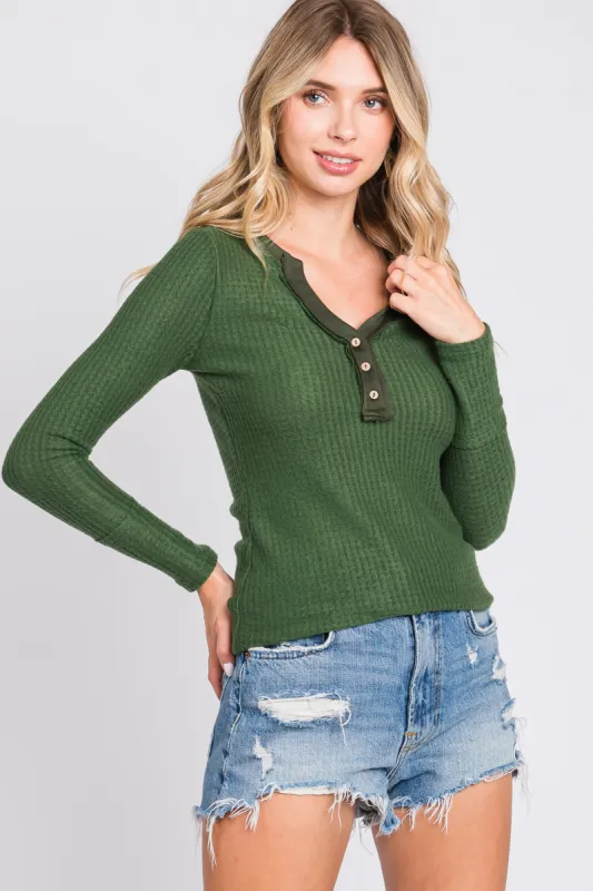 Olive Soft Waffle Knit Button Accent Long Sleeve Top sold by Pinkblush