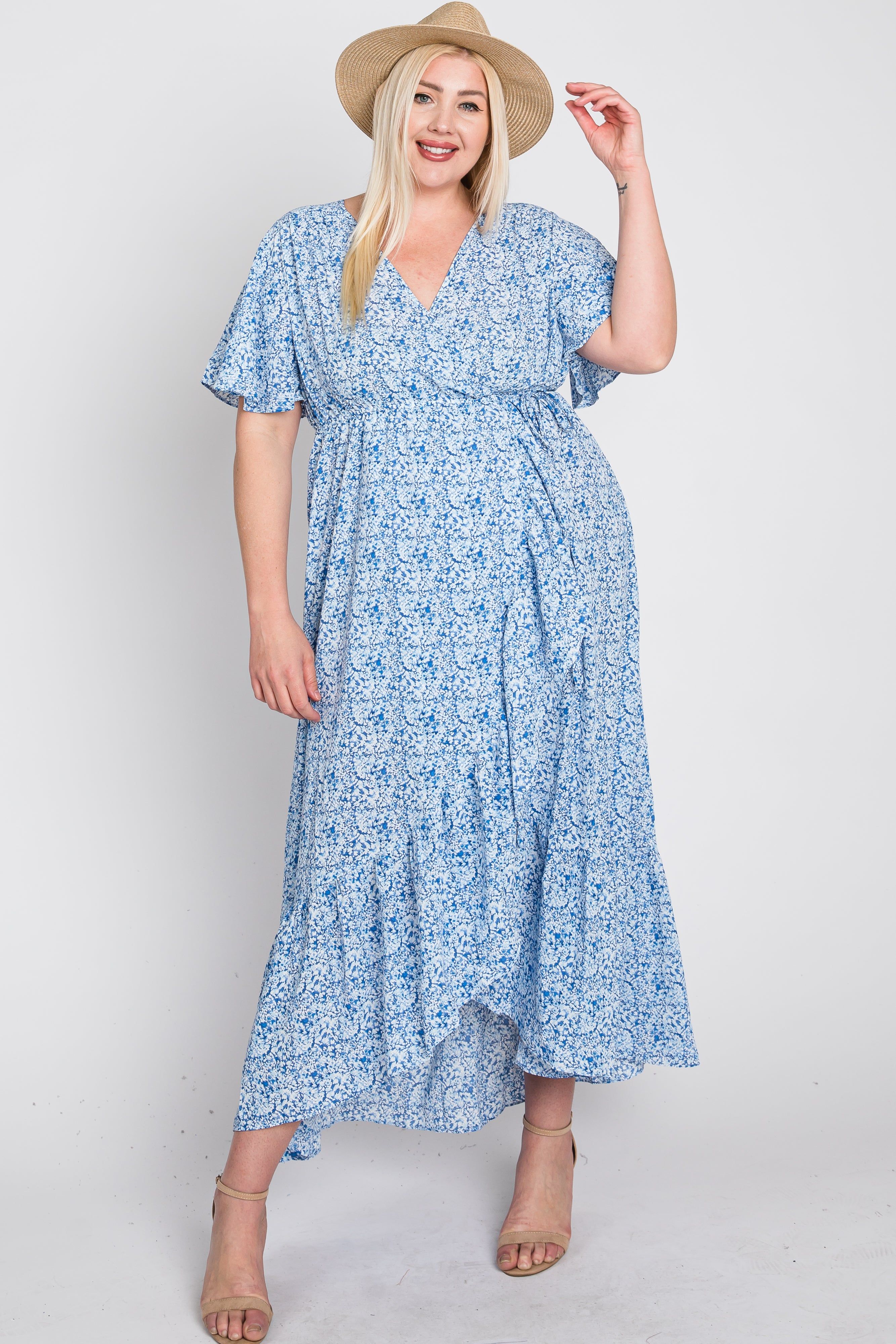 Light Blue Floral Wrap Plus Midi Dress sold by Pinkblush