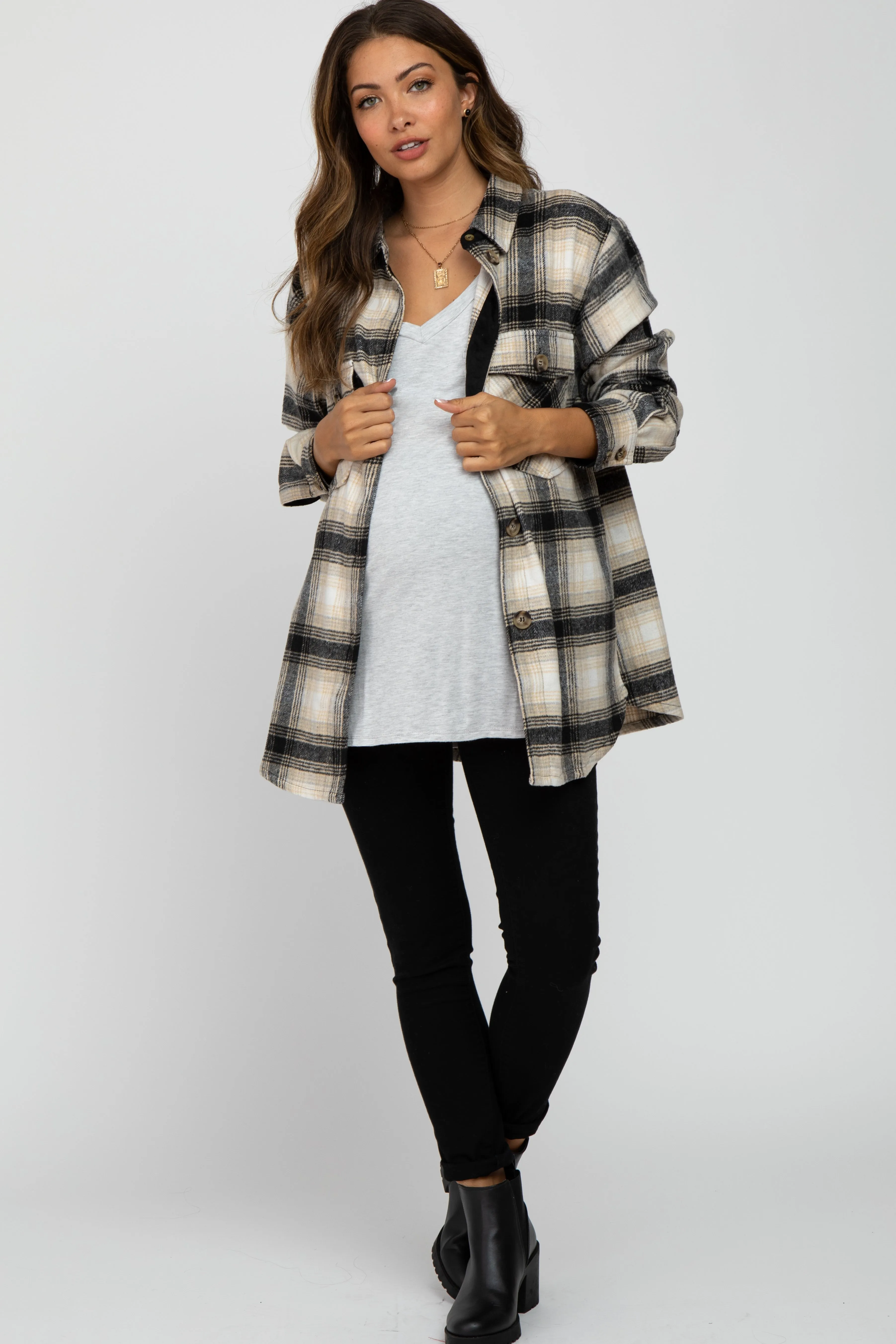 Black Soft Plaid Flannel Maternity Shacket sold by Pinkblush product image thumbnail 2