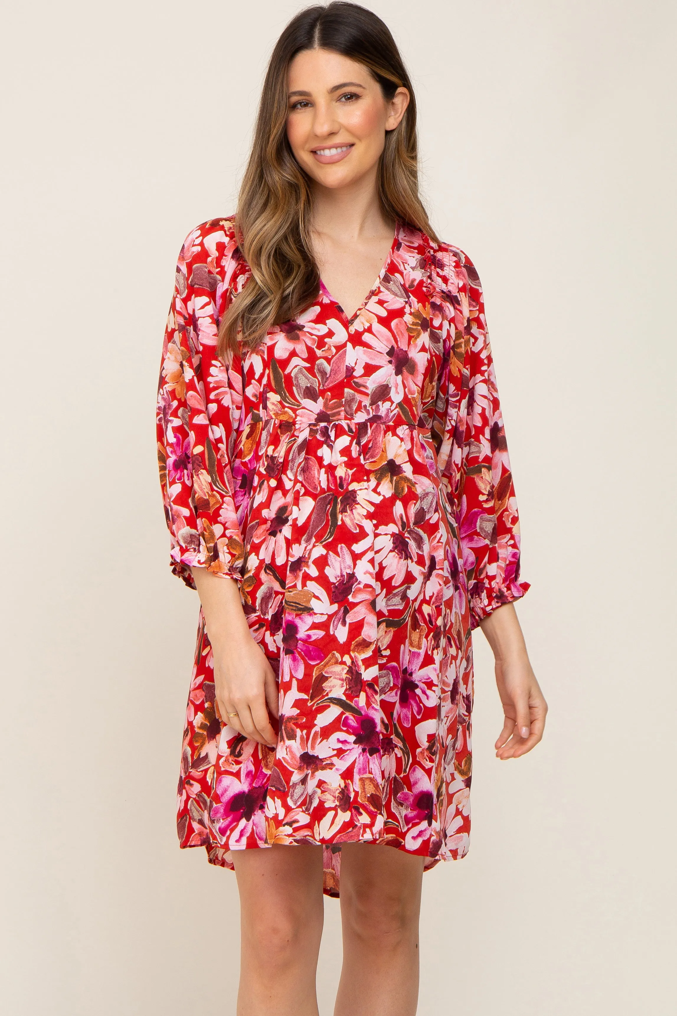 Red Floral Long Sleeve Maternity Dress sold by Pinkblush
