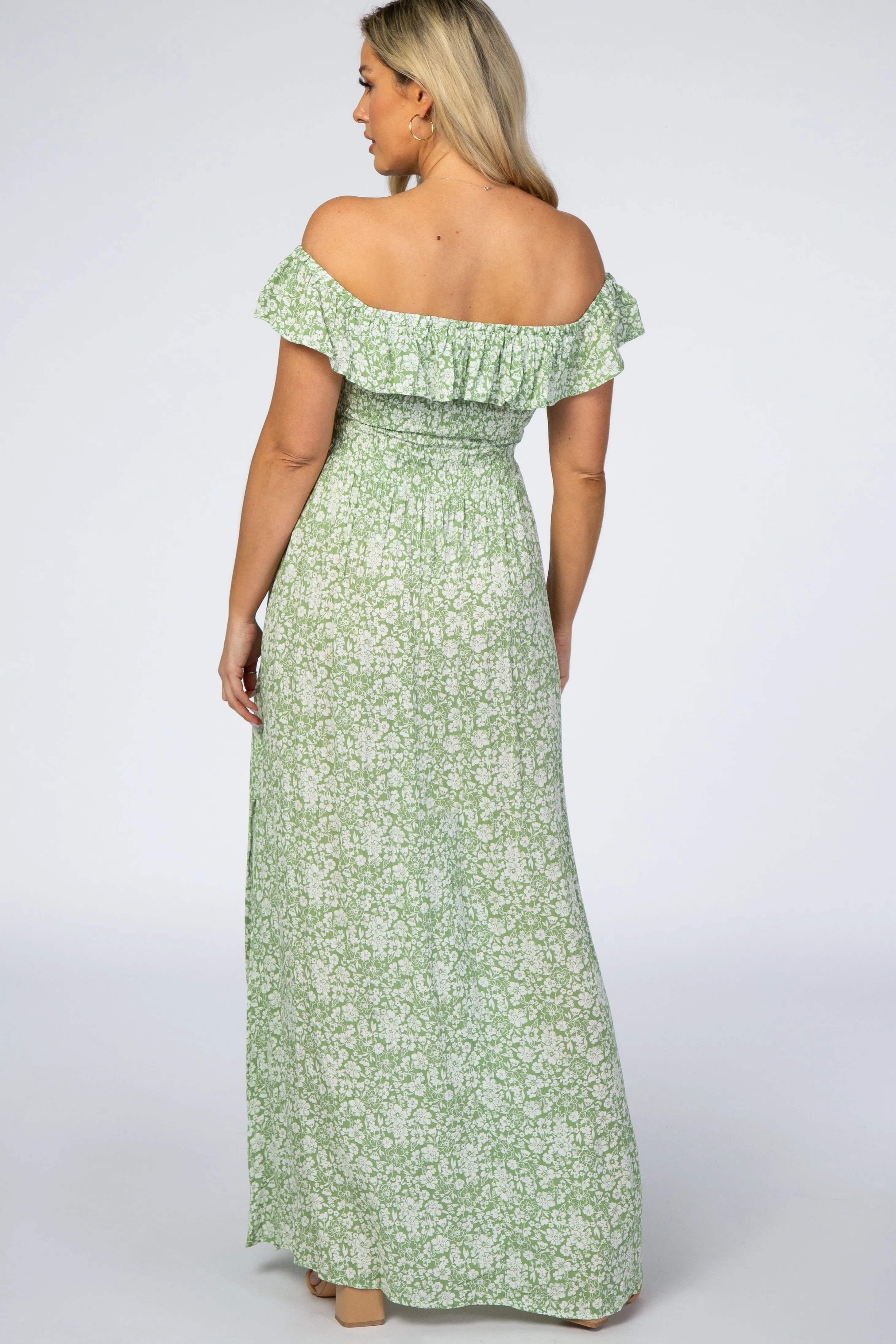 Green Floral Ruffle Off Shoulder Maternity Maxi Dress sold by Pinkblush product image thumbnail 4