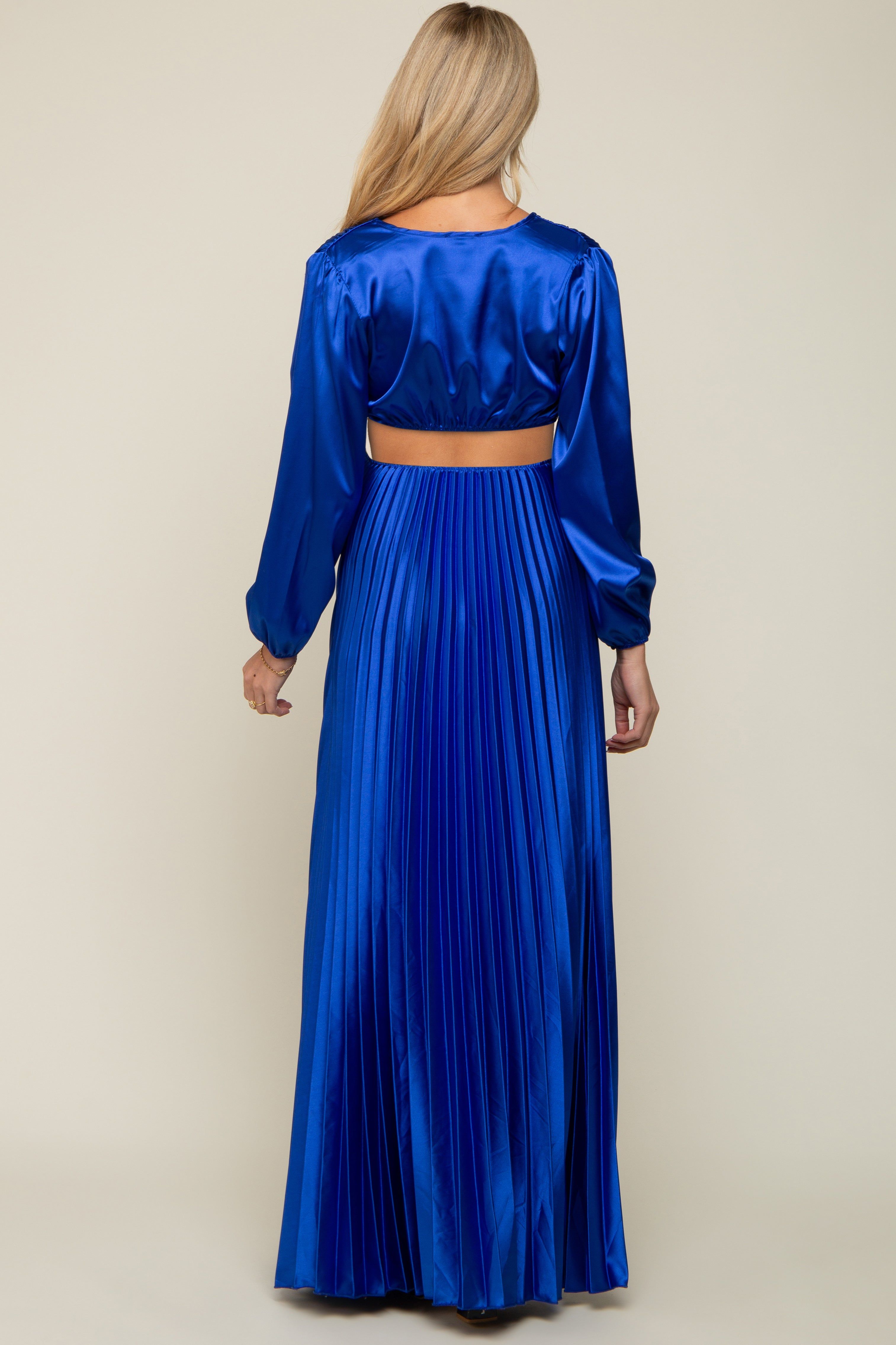 Royal Blue Satin Low Back Cutout Pleated Maternity Maxi Dress sold by Pinkblush product image thumbnail 3